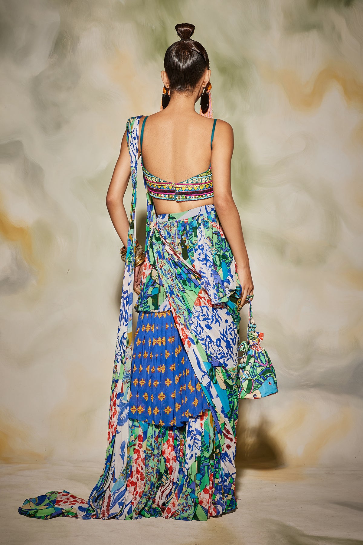 Blue Aztec Printed Saree Set With Potali Bag