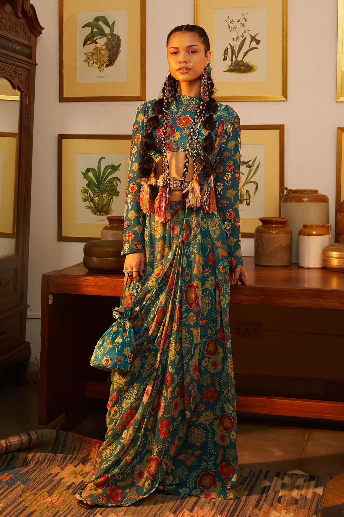 Teal Blue Jaal & Floral Saree Set