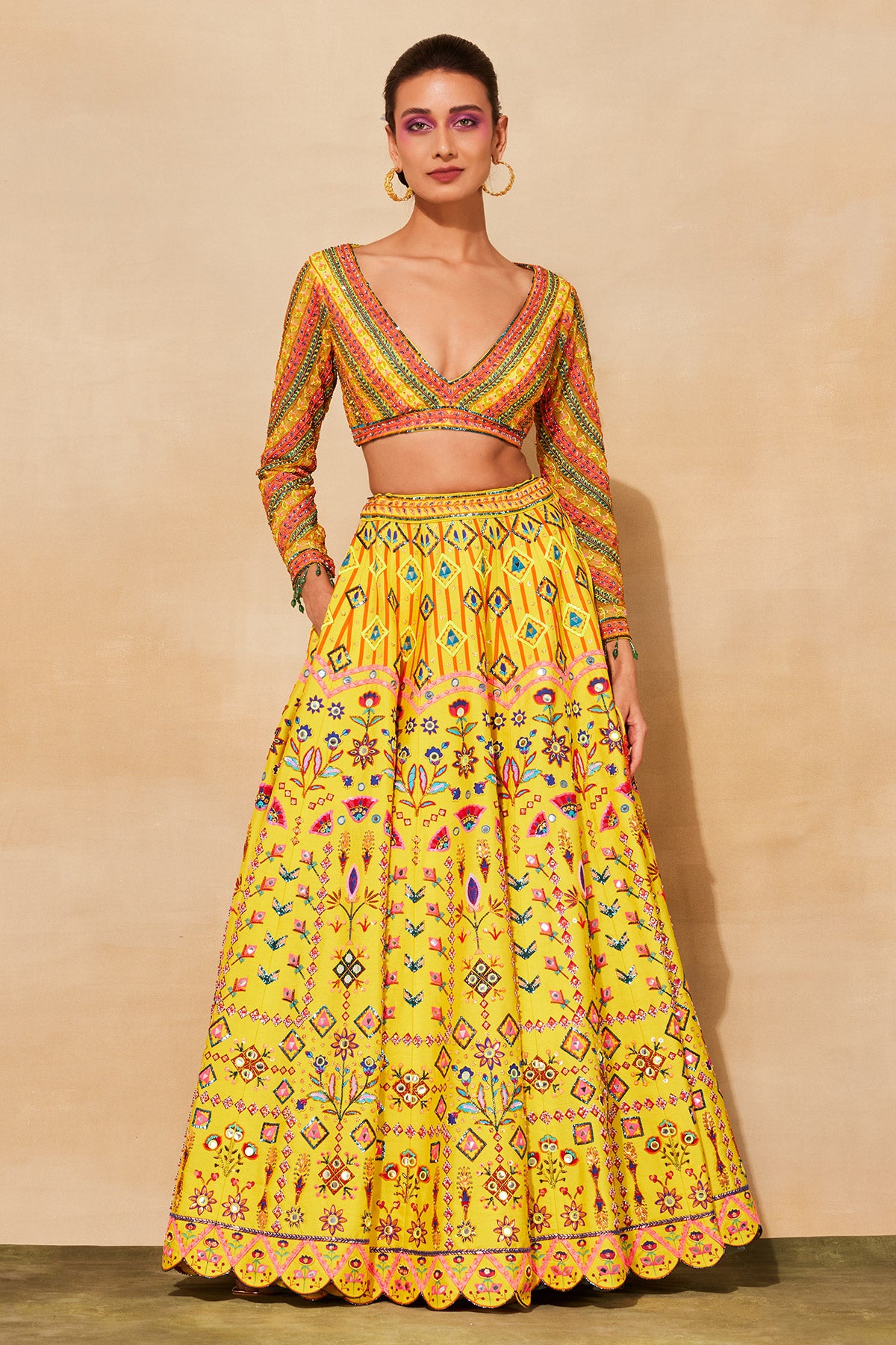 YELLOW PRINT & EMBROIDERED LEHENGA SET