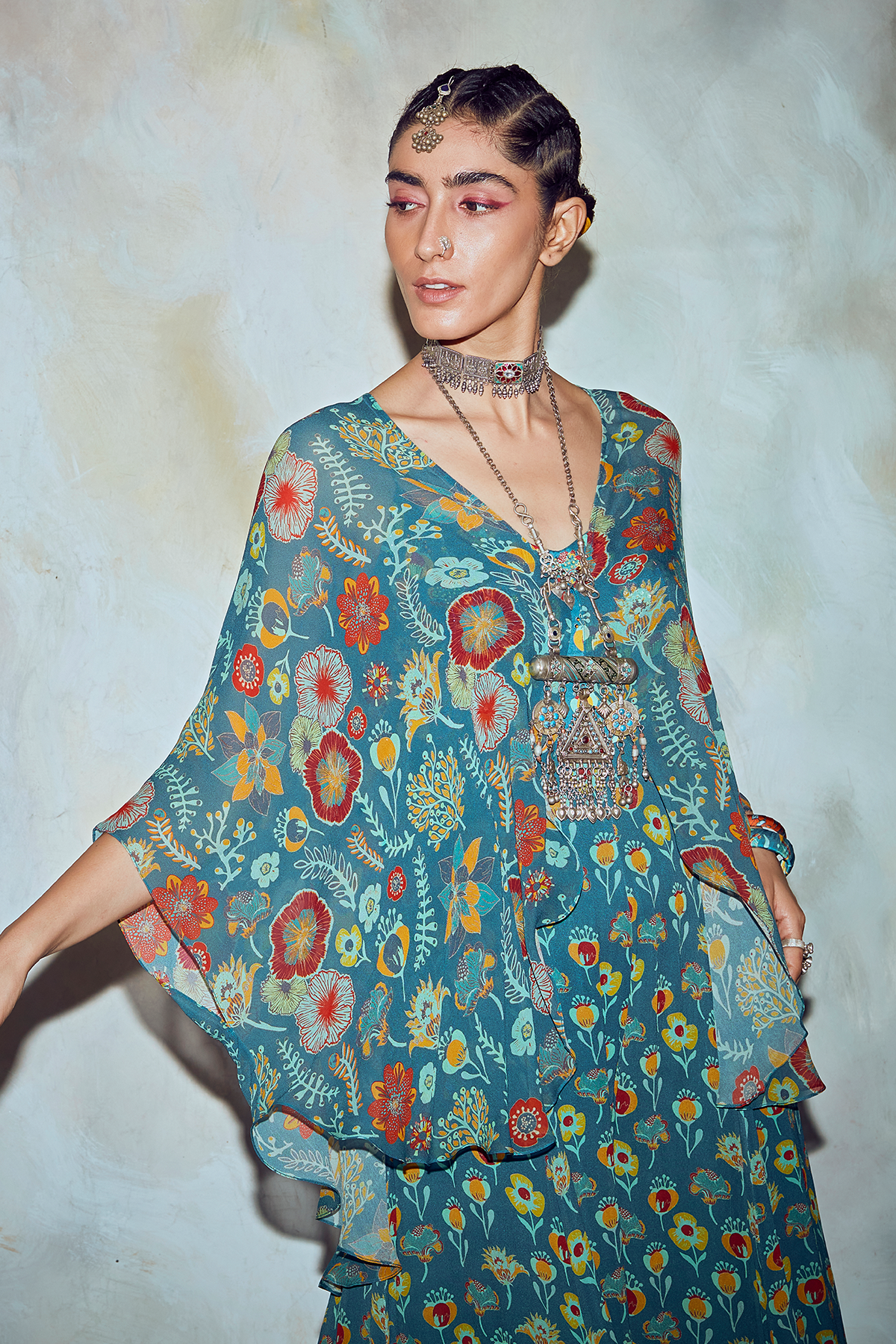 Teal Blue Floral Print Cape Set