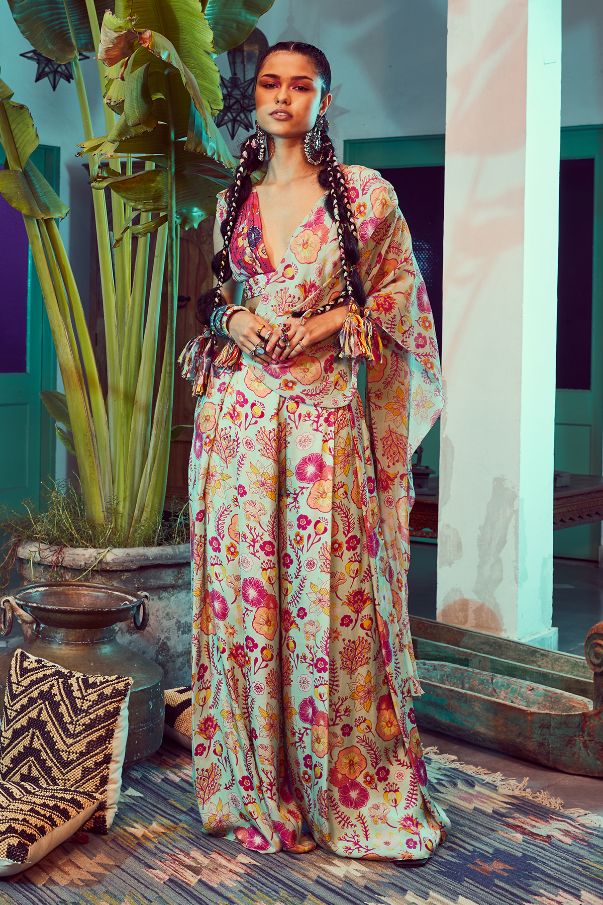 Mint Green & Fuchisa Pink Saree Set