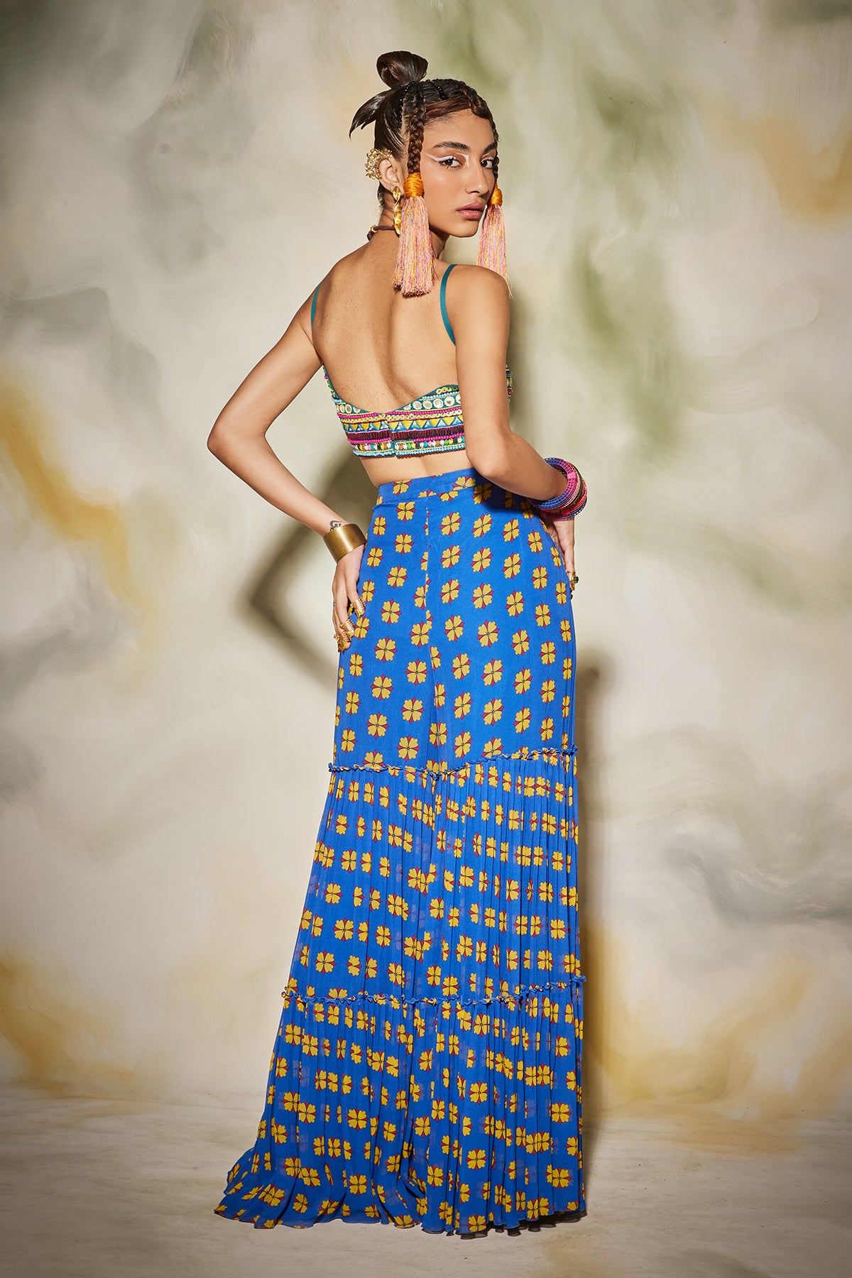 Blue Embroidered Bustier Crop Top with Butta Print Gharara Pant With Dupatta