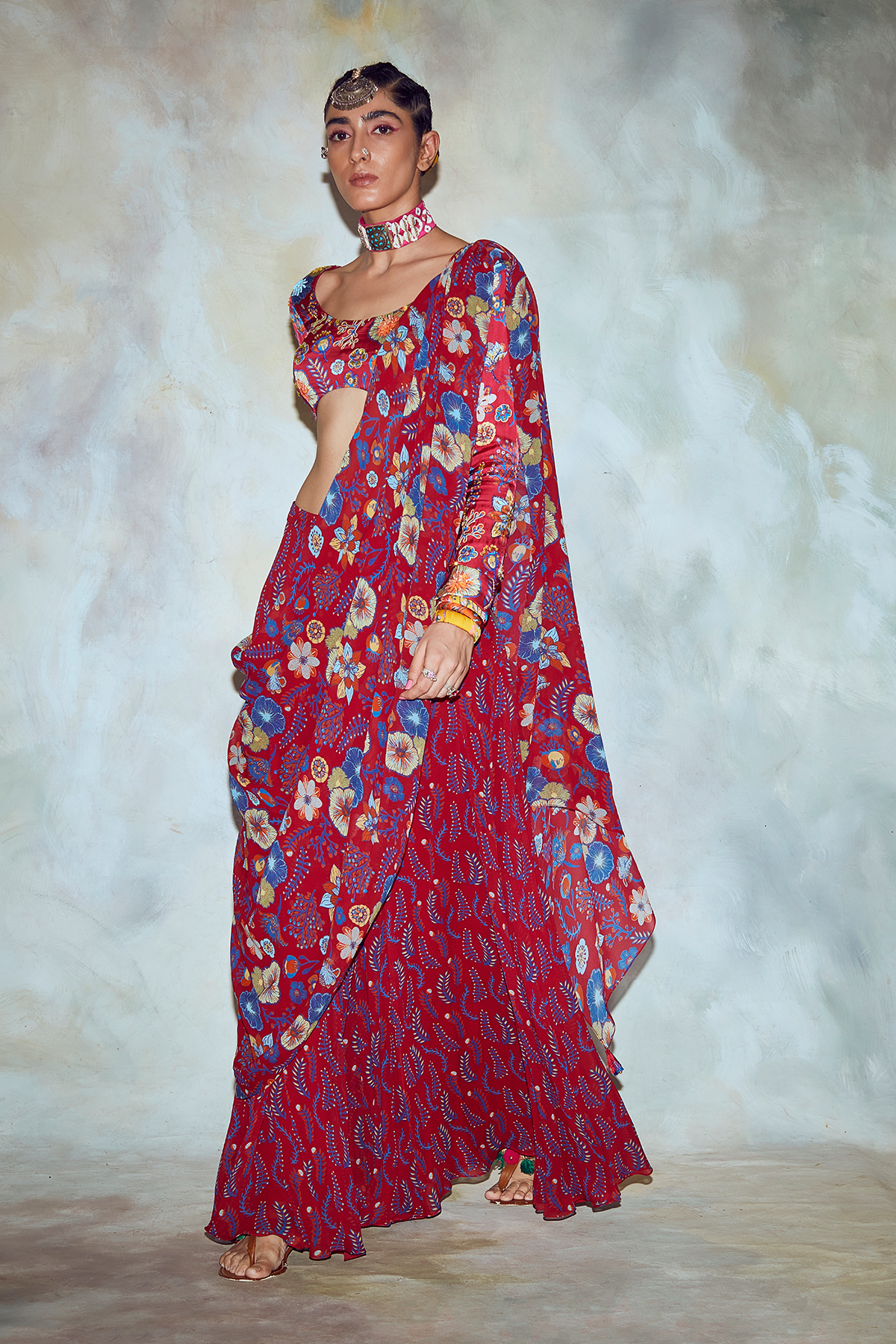 Crimson Red Jaal Print Crop Top Set