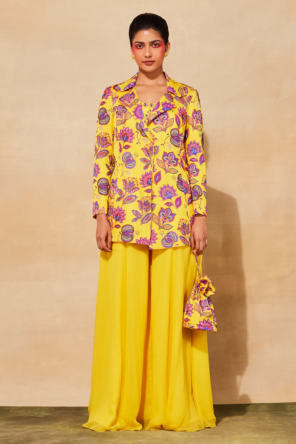 YELLOW PRINT & EMBROIDERED BLAZER SET