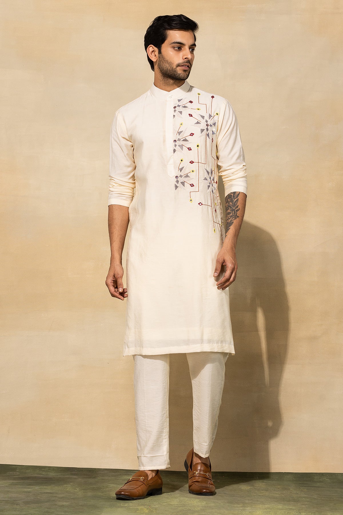 ECRU WHITE ACRYLIC ,CUTDANA EMBROIDERED KURTA