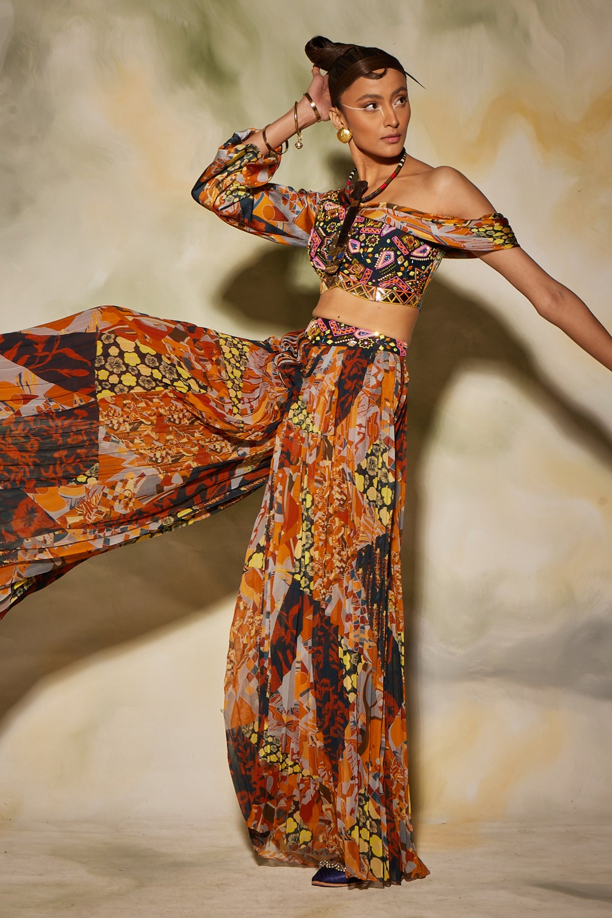 Brown & rust aztec print pleated with pants with potali bag