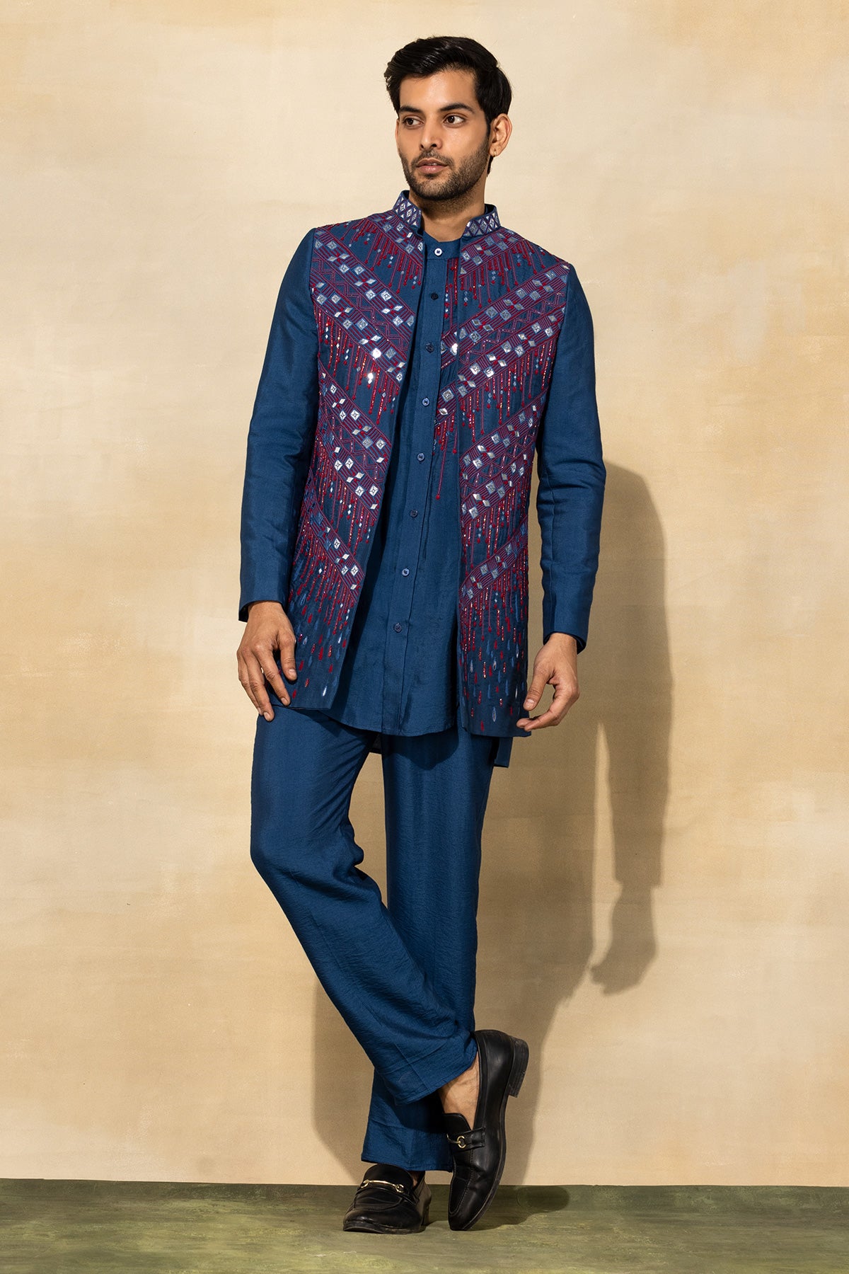 INDIGO BLUE MIX EMBROIDERED KURTA SHIRT & LONG JACKET