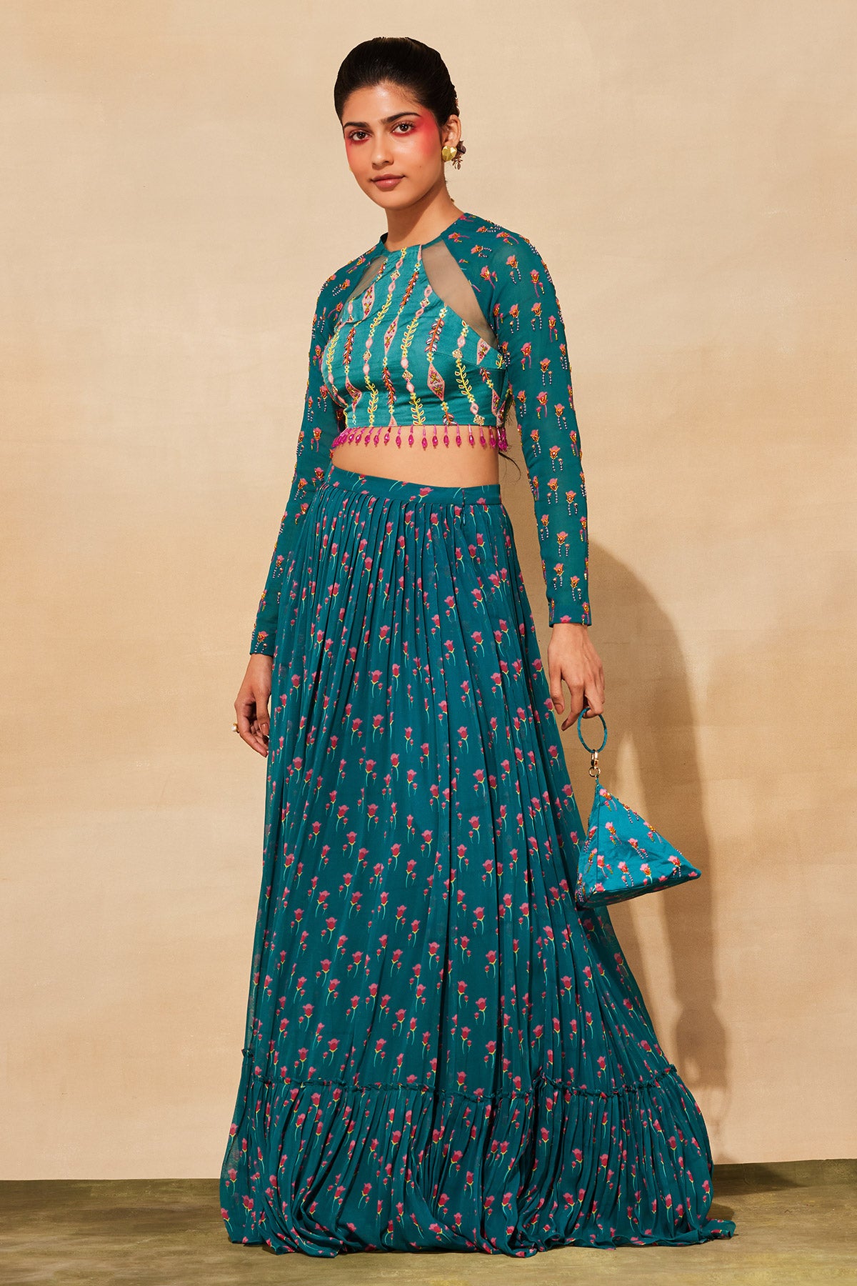 TEAL BLUE PRINT & EMBROIDERED  SAREE SET