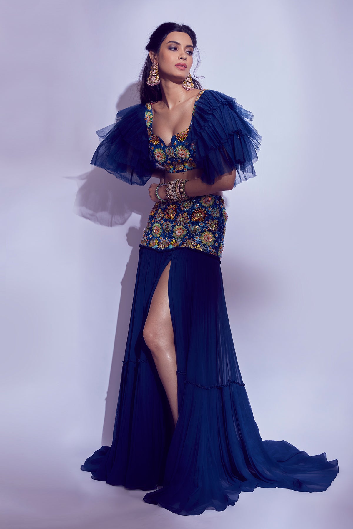 Diana Penty In Tiered Sleeves 3D Embroidered Blouse with Bask Embroidered Lehenga