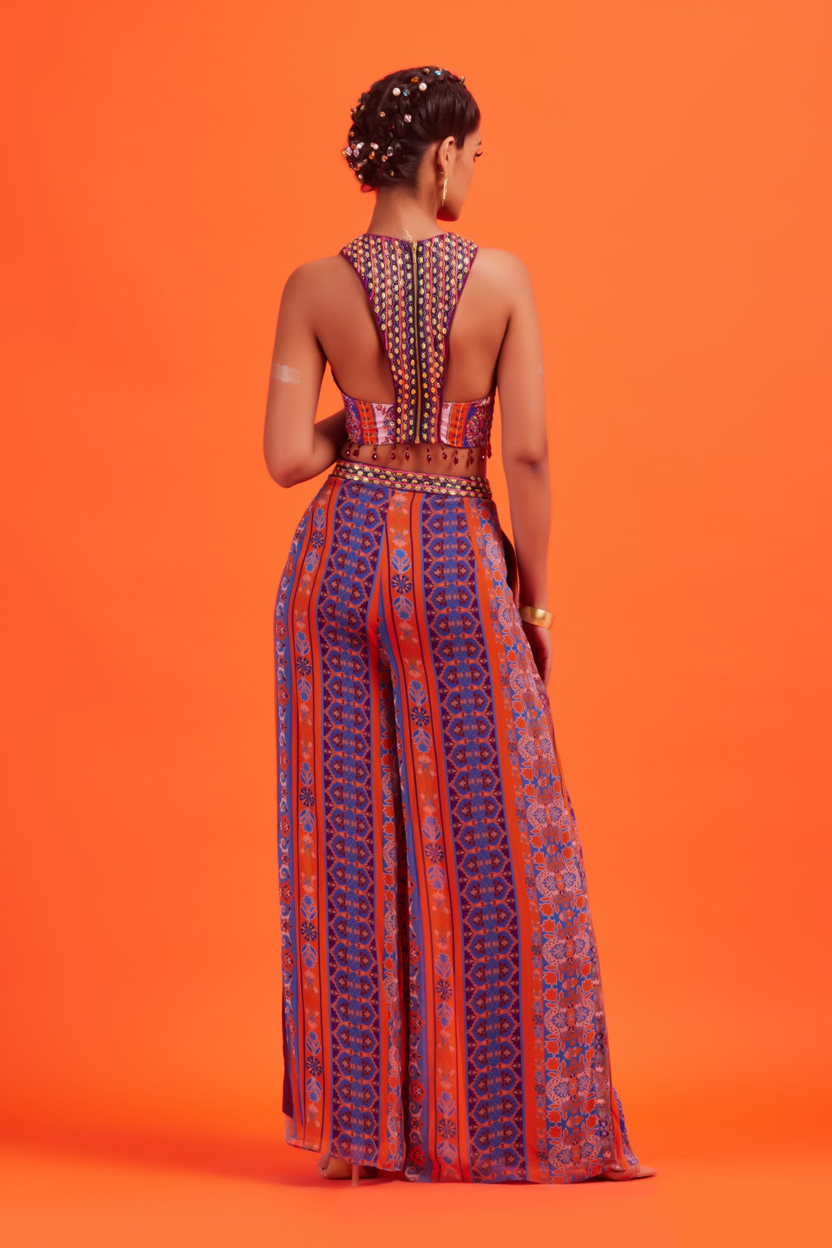 Rust Panel Embroidered Crop Top With Stripe Pants