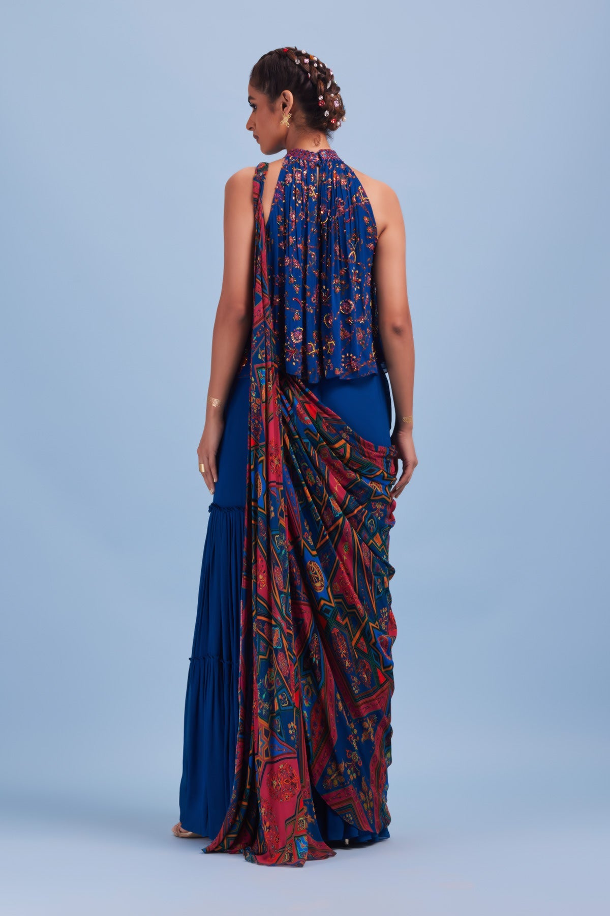 Blue Bale Print & Highlighted In-cut Flare Top with Blue Gharara Sari