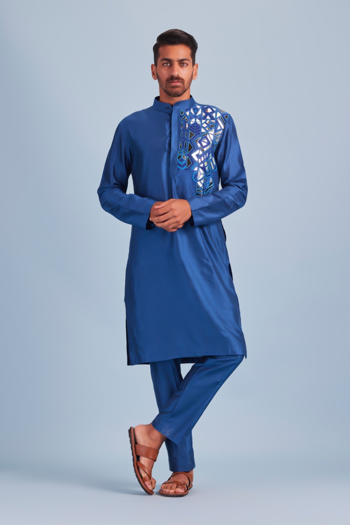 Indigo Blue Thread and Acrylic Abstract Embroidered Kurta and Indigo Blue Pants