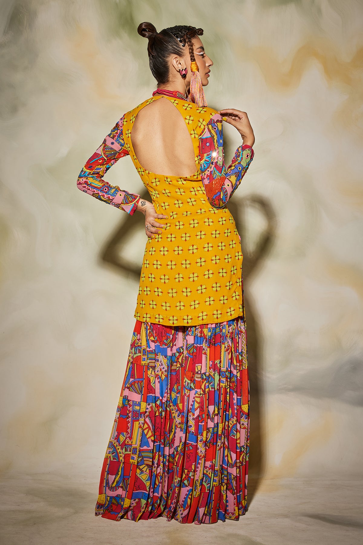 Pink Geometric Printed Kurti Gharara Set