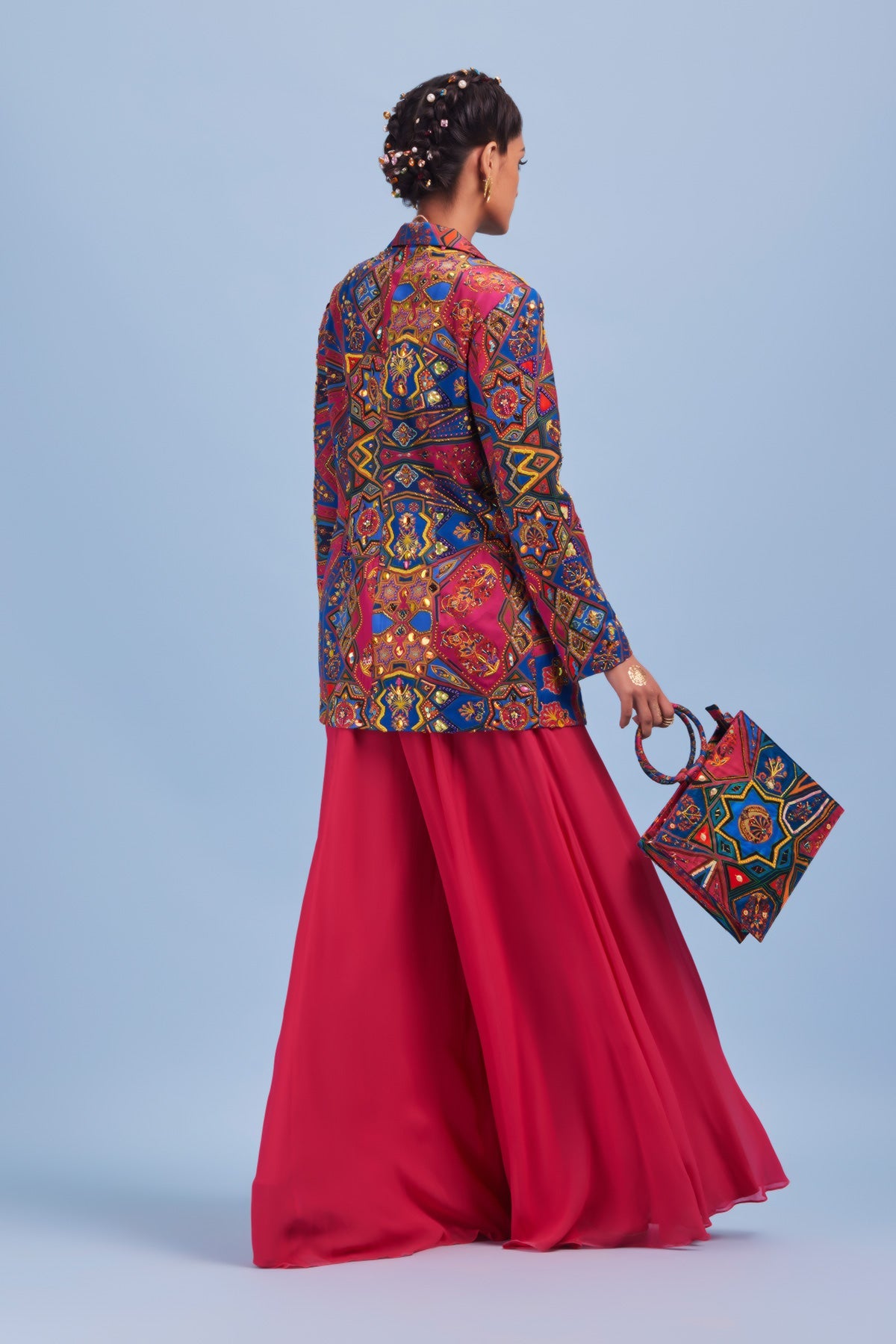 Madhuri Dixit in Teal & Fuchsia Pink Jaal Print & Highlighted Blazer Set