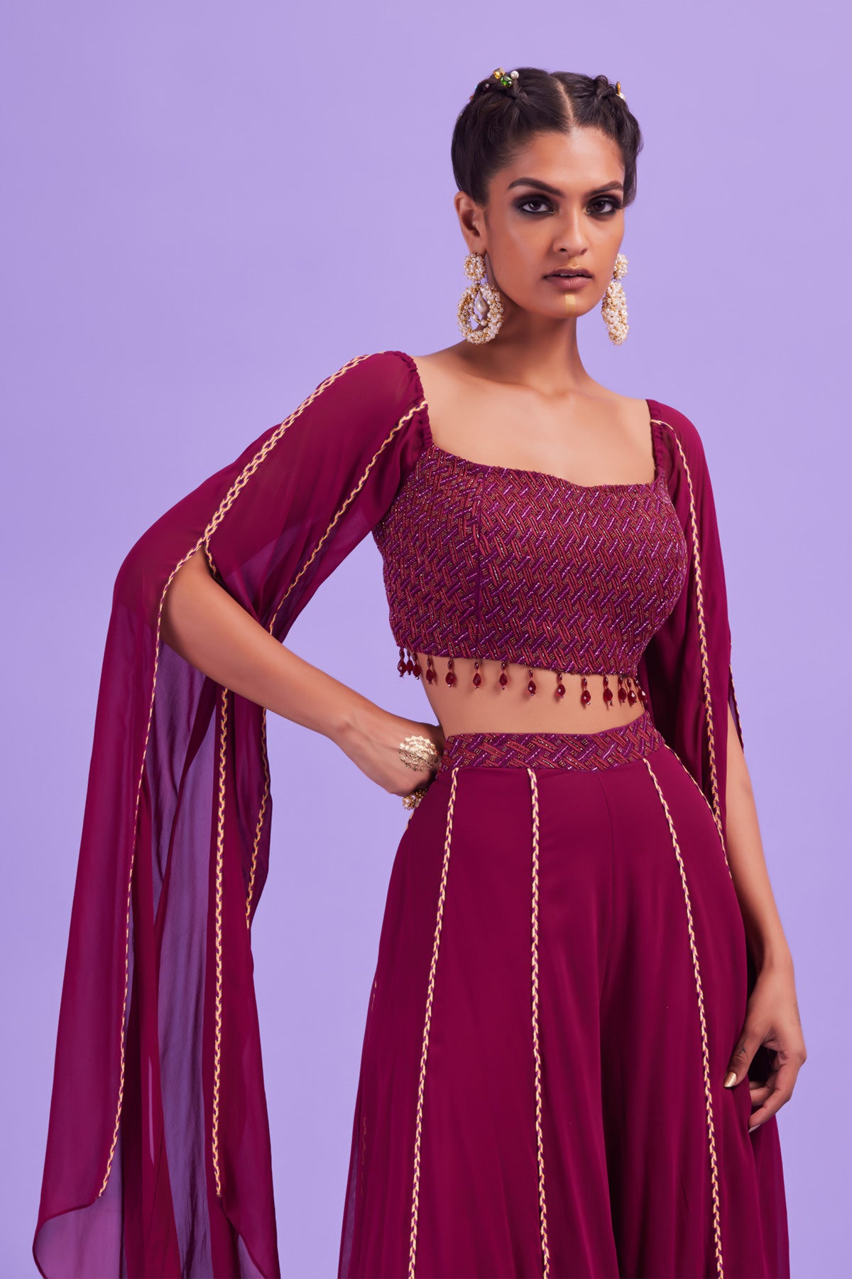 Purple Embroidered Blouse With Flare Cord Sleeves And Sharara Pants