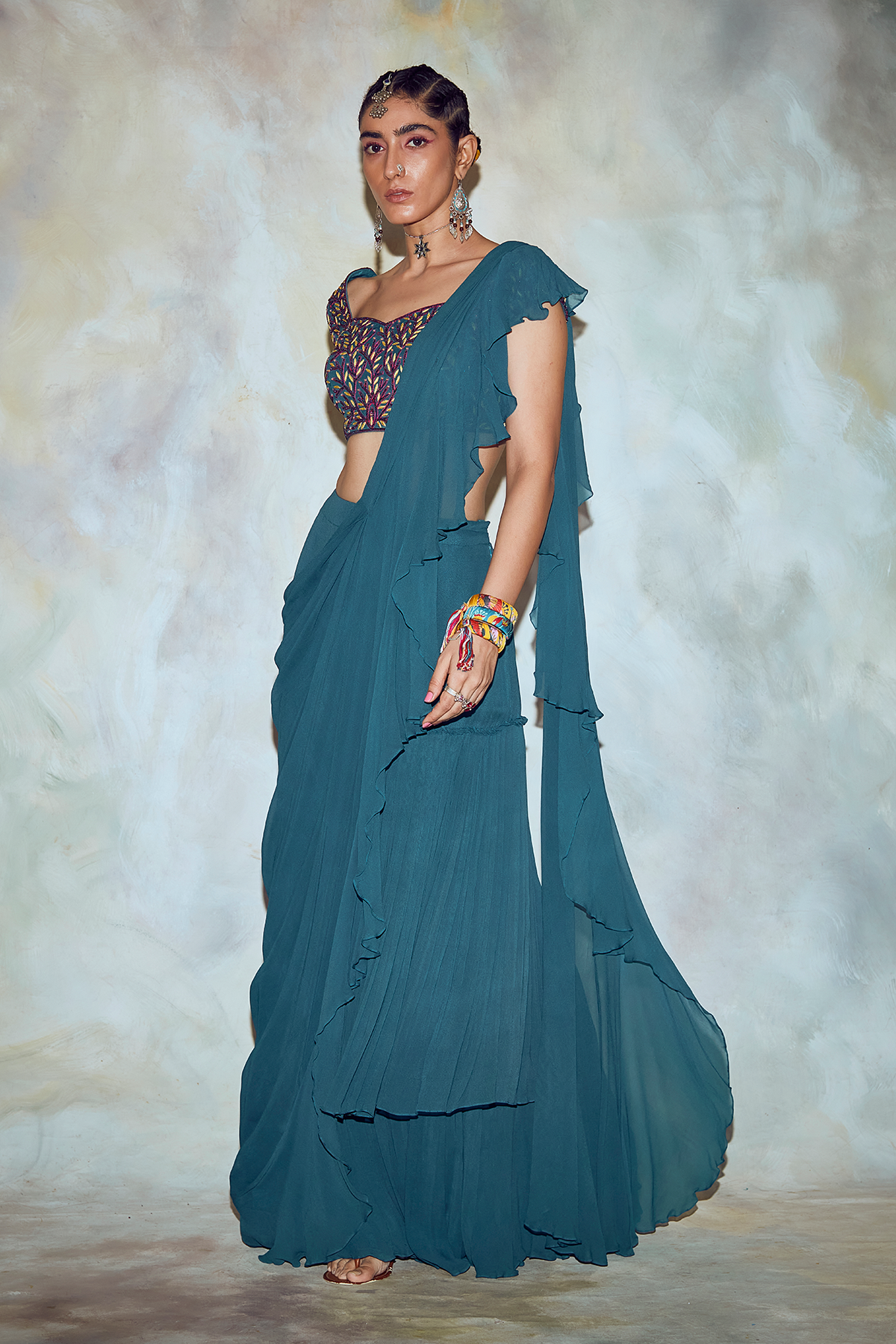 Teal Blue Leaf Embroidered Saree Set