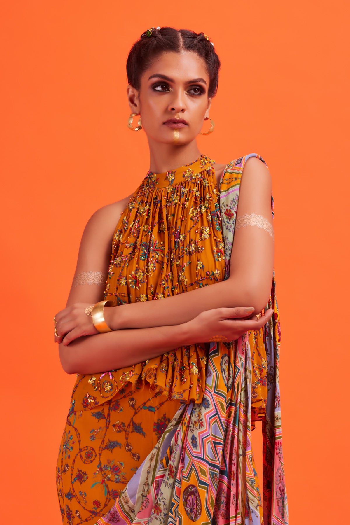 Yellow Flared Top With Bale Printed Gharara Sari