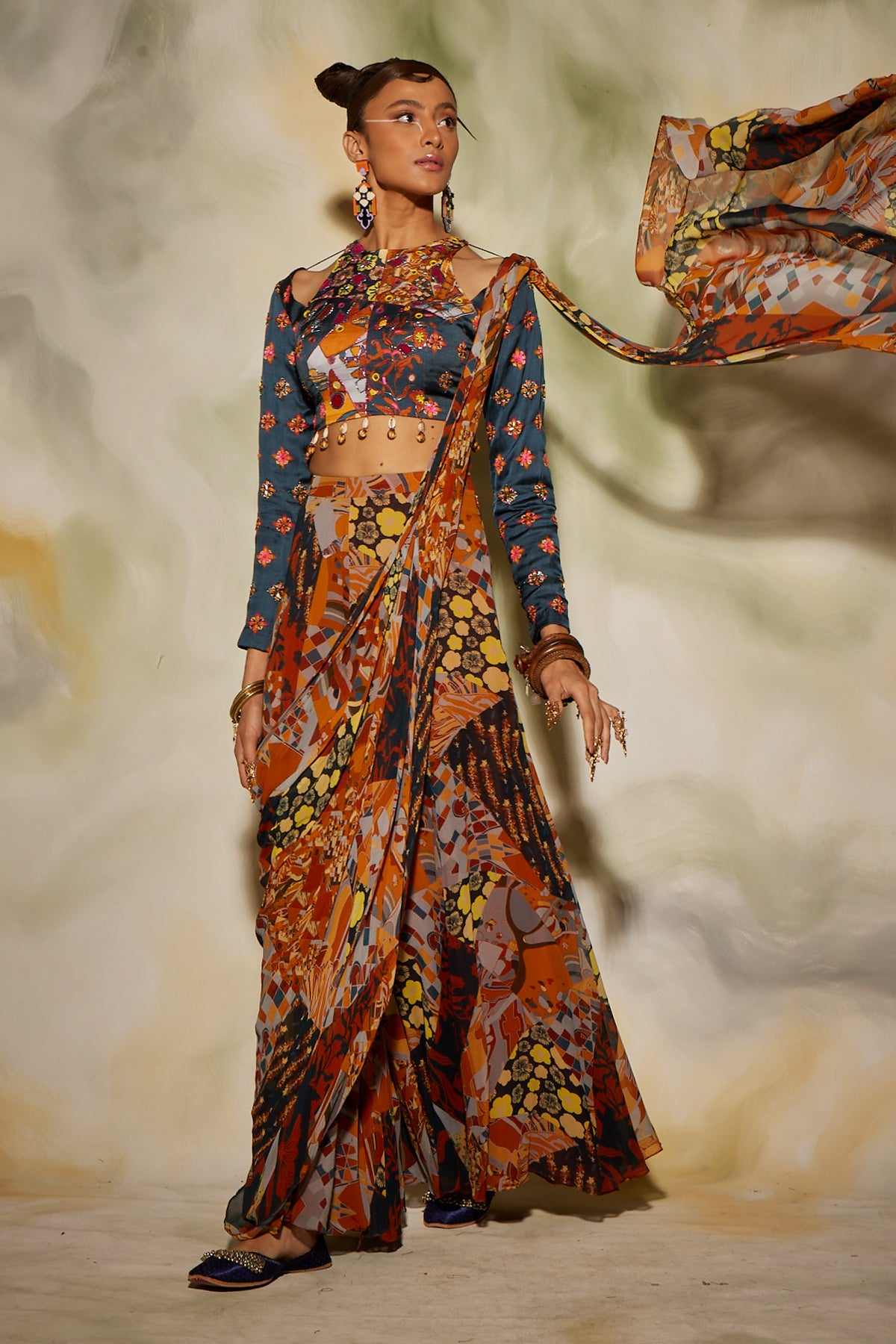 Brown & rust aztec print sharara saree with butta print