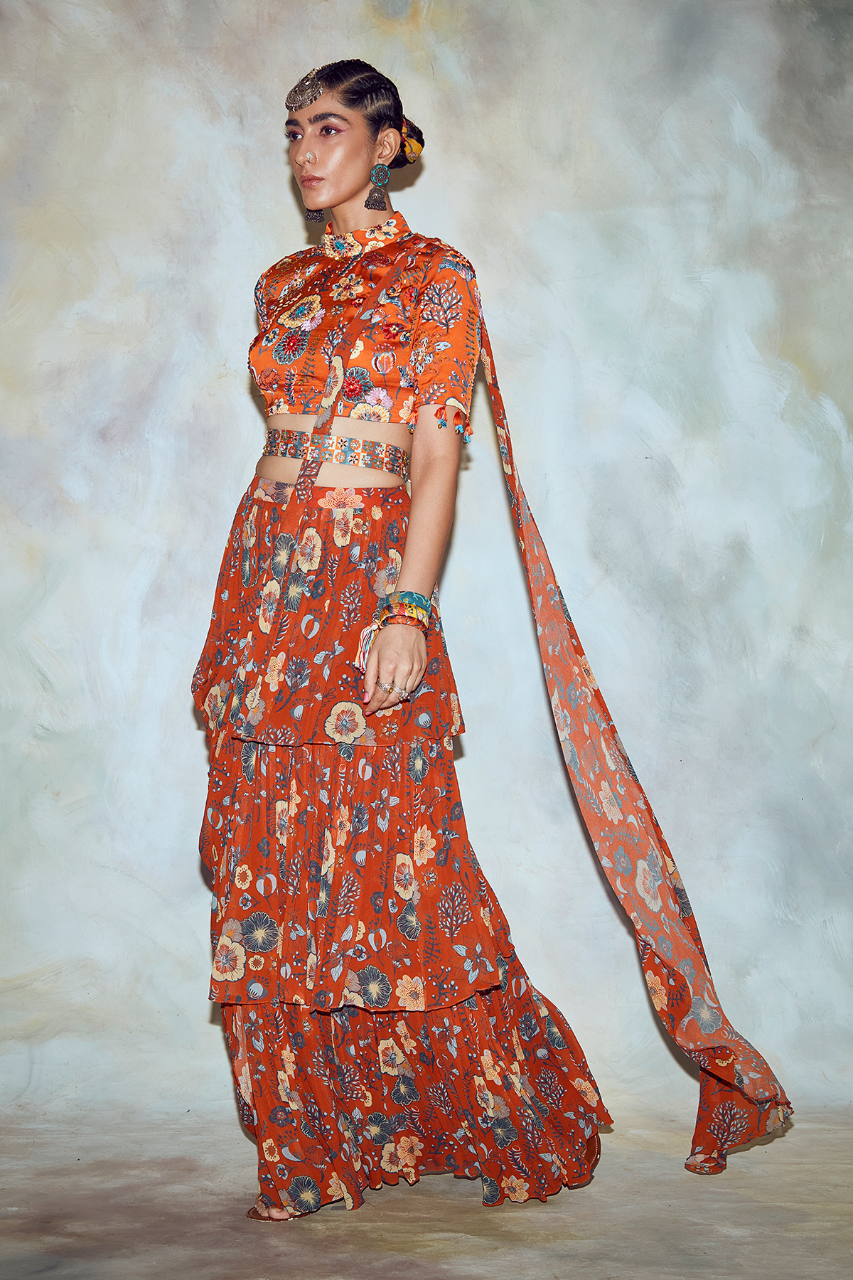 Rust Jaal Print Saree Set