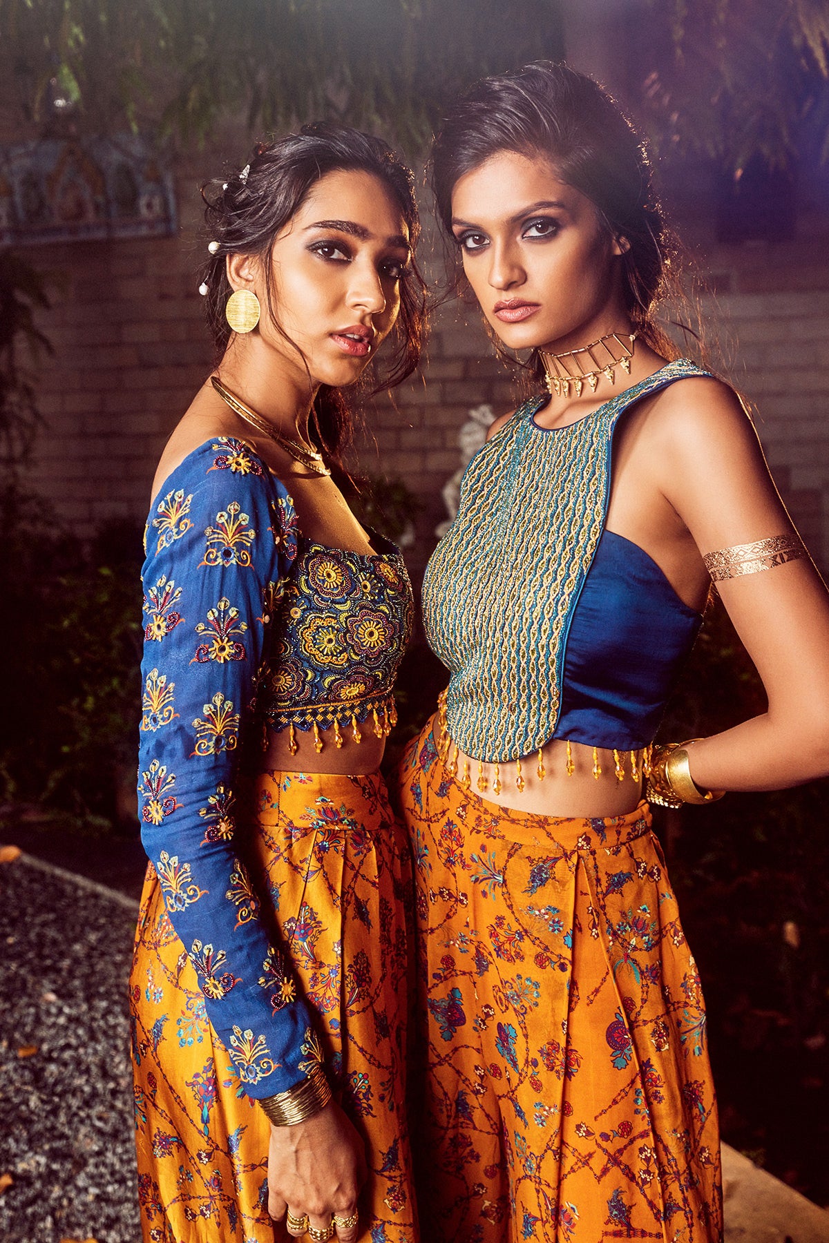 Blue Cord & Cutdana Crop Top With Yellow Bale Printed Box Pleated Pants