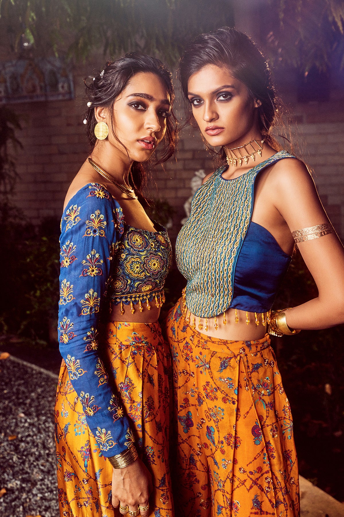 Blue Cutdana Floral Embroidered Blouse With Yellow Bale Printed Dhoti Skirt