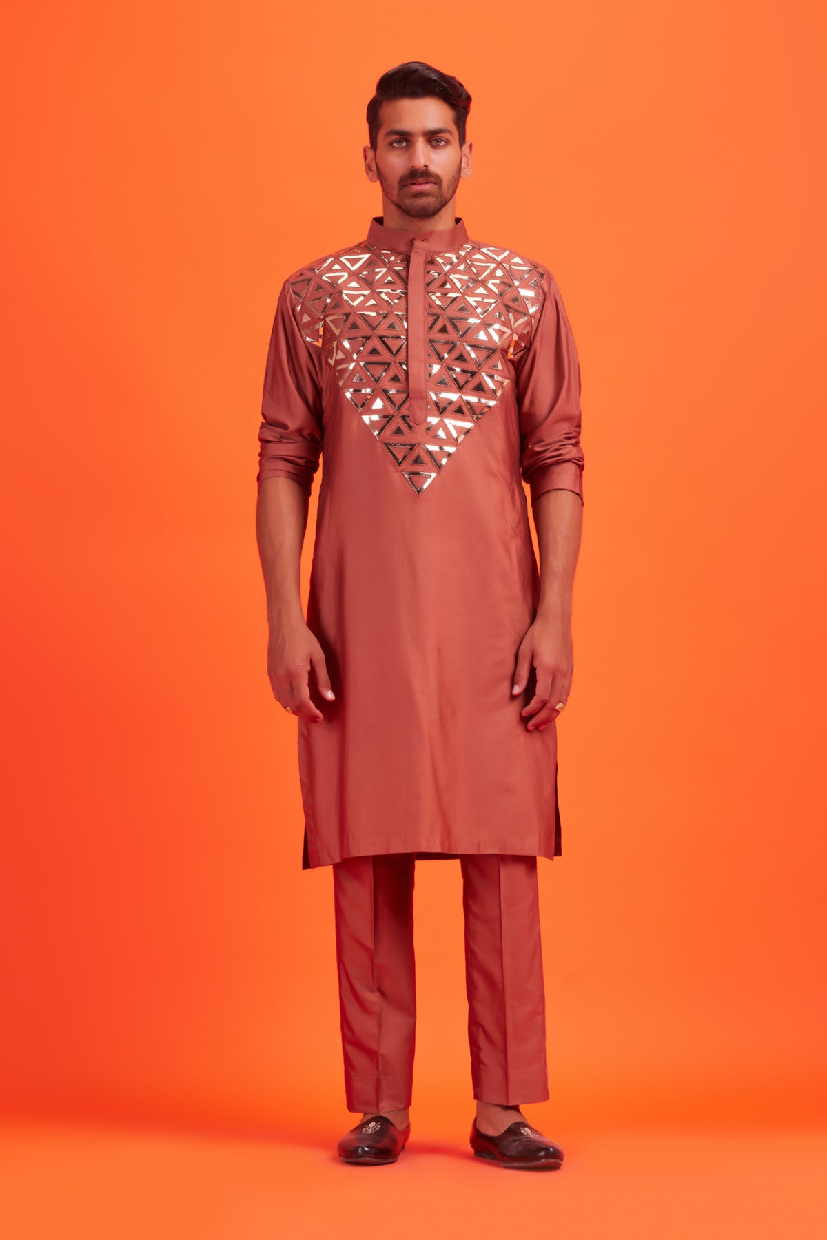 Rose Gold Acrylic Triangle Embroidered Yoke Kurta With Rose Gold Pants