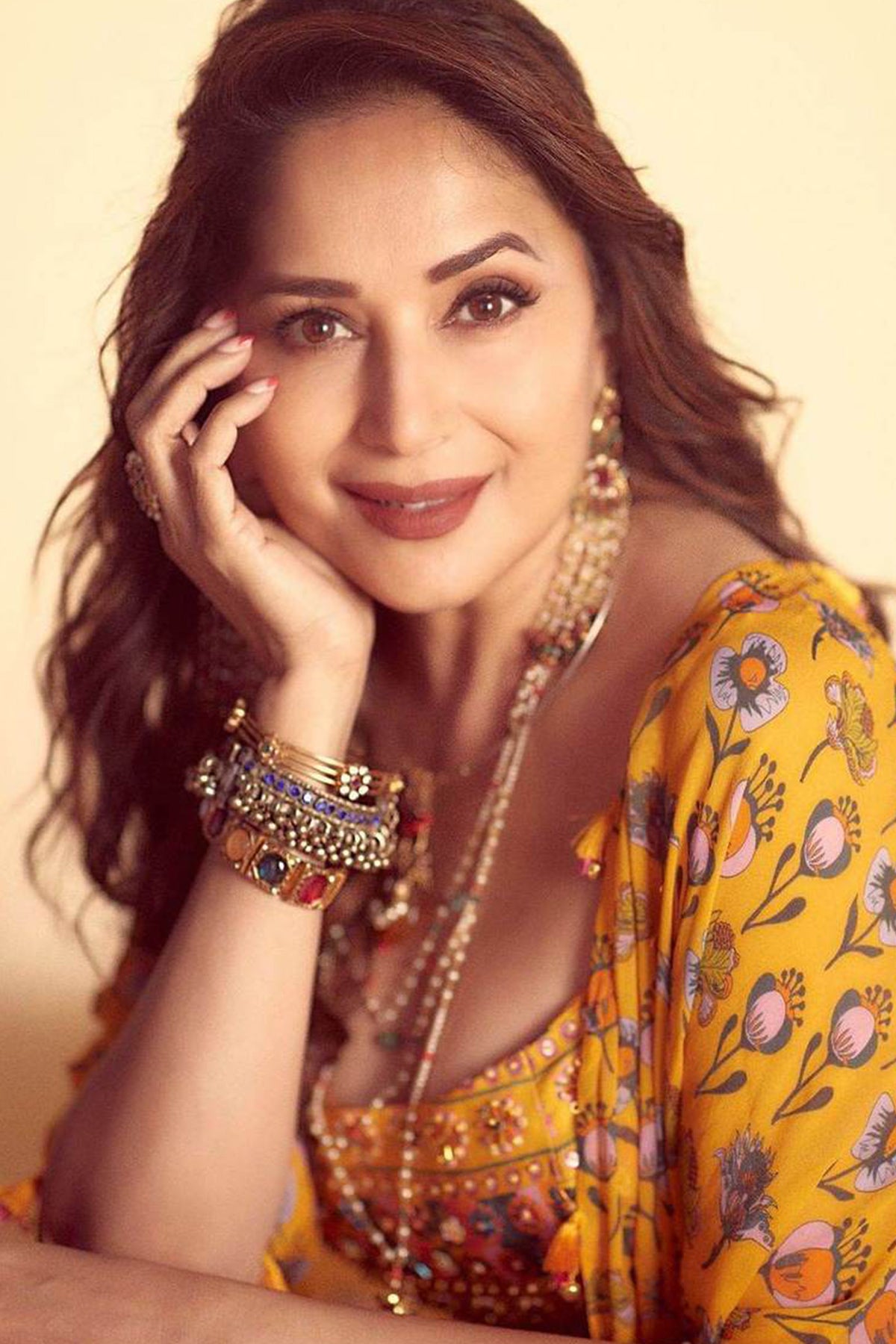 Madhuri Dixit in Yellow Border Print Cape Set