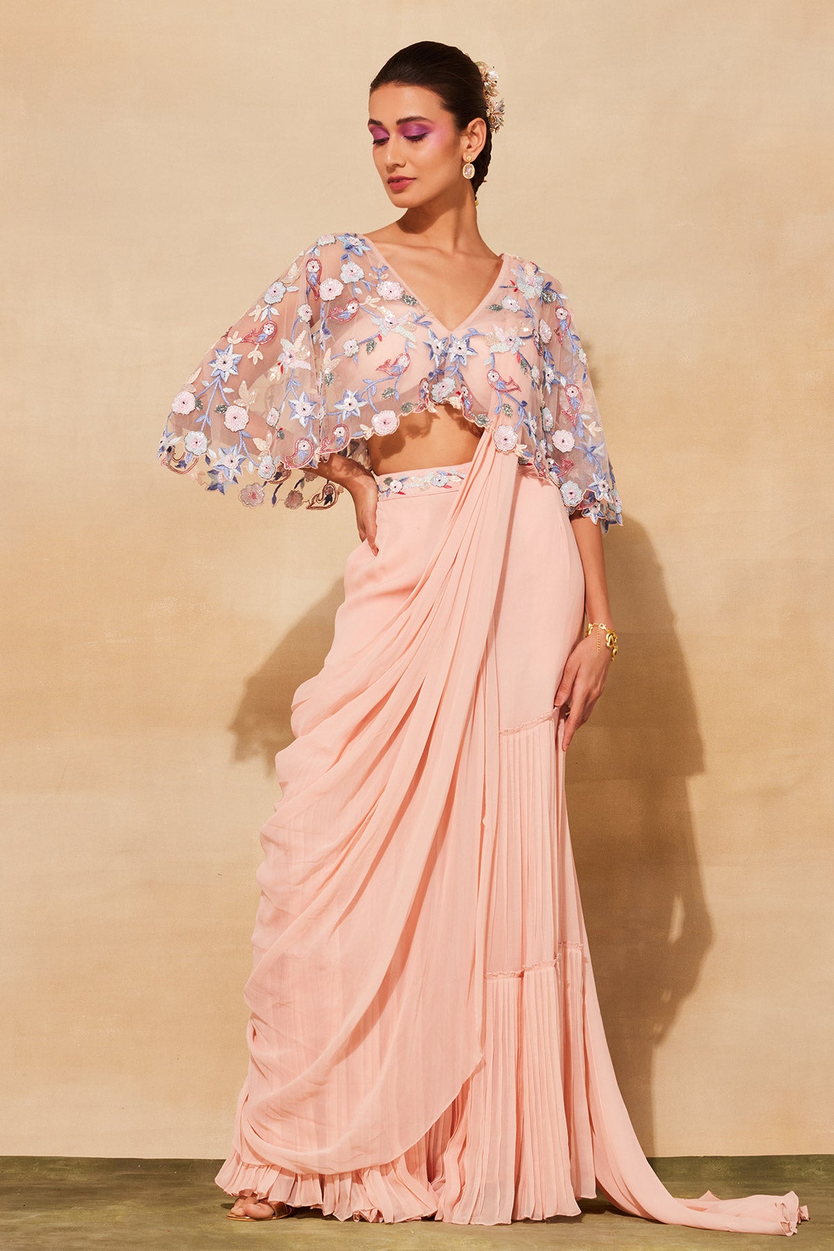 BLUSH PINK EMBROIDERED SAREE SET