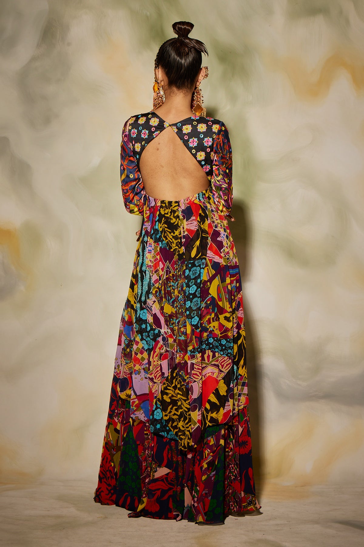 Purple & Green Aztec Print Sharara Pants & Asymmetrical Kurti