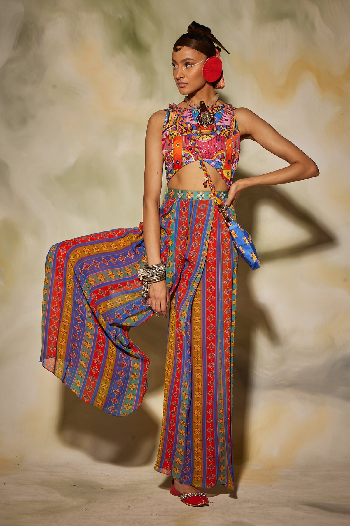 Multicolor stripe printed jumpsuit with sling bag
