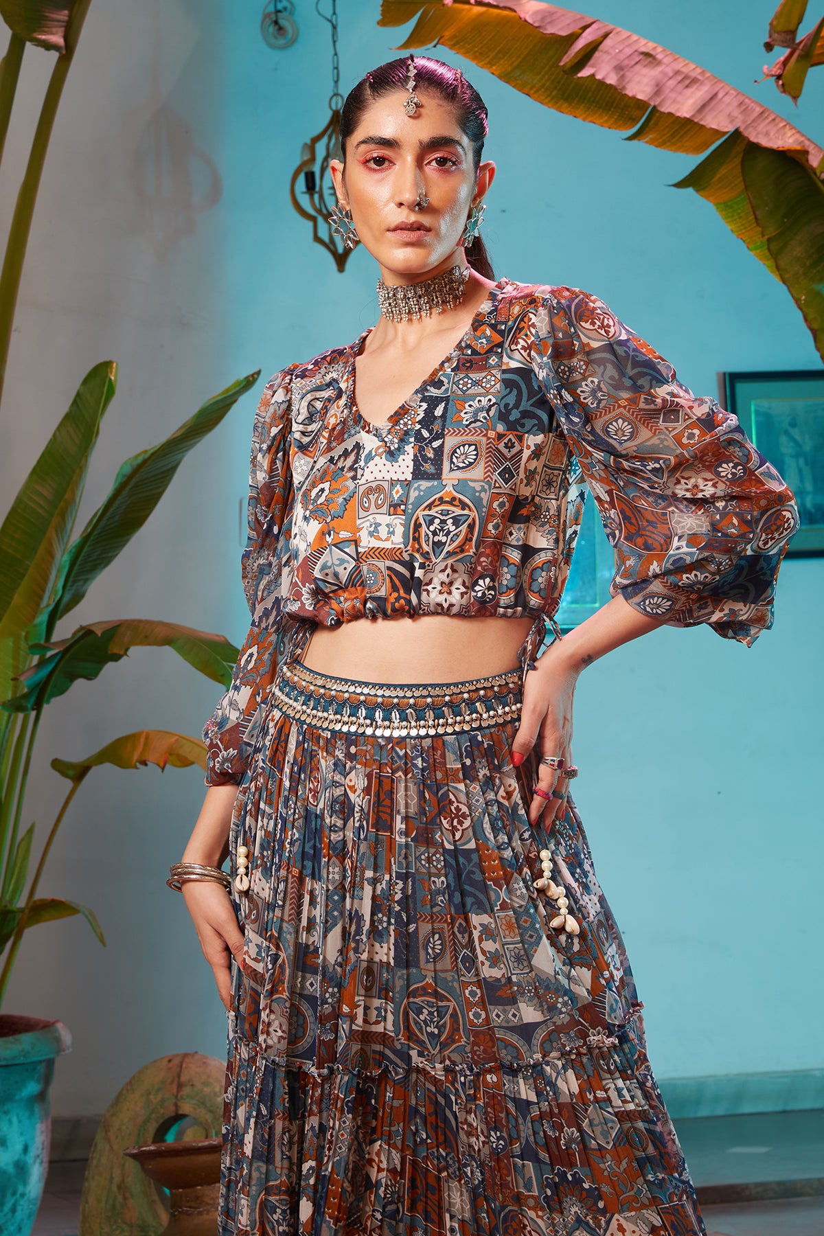 Multi-Color Tile Print Tiered Skirt