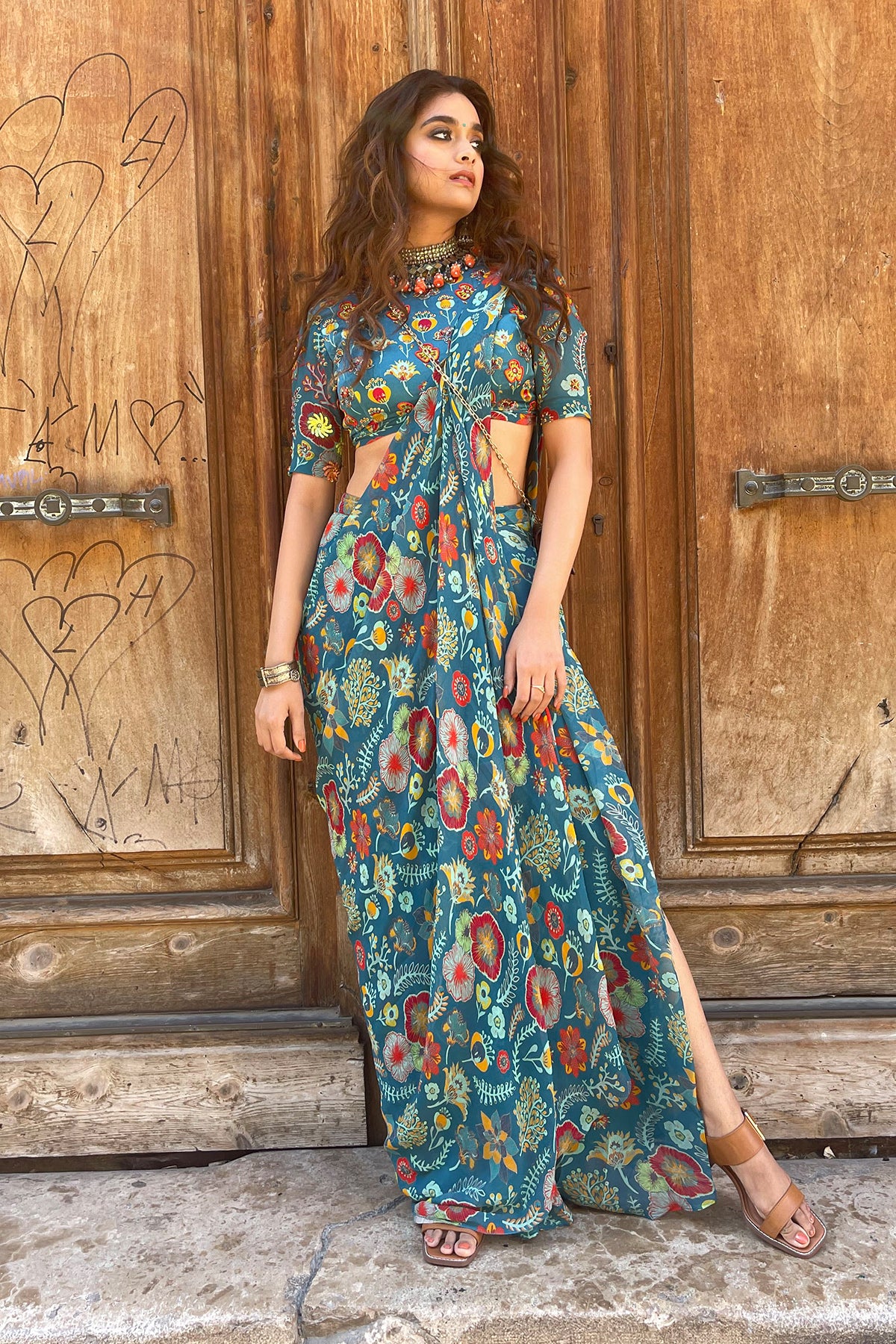 Keerthy Suresh in Teal Blue Jaal & Floral Saree Set