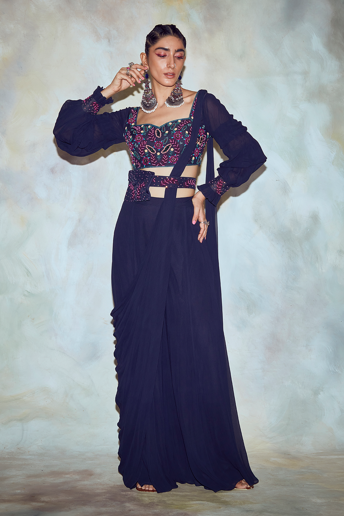 Dark Blue Leaf Embroidered Saree Set