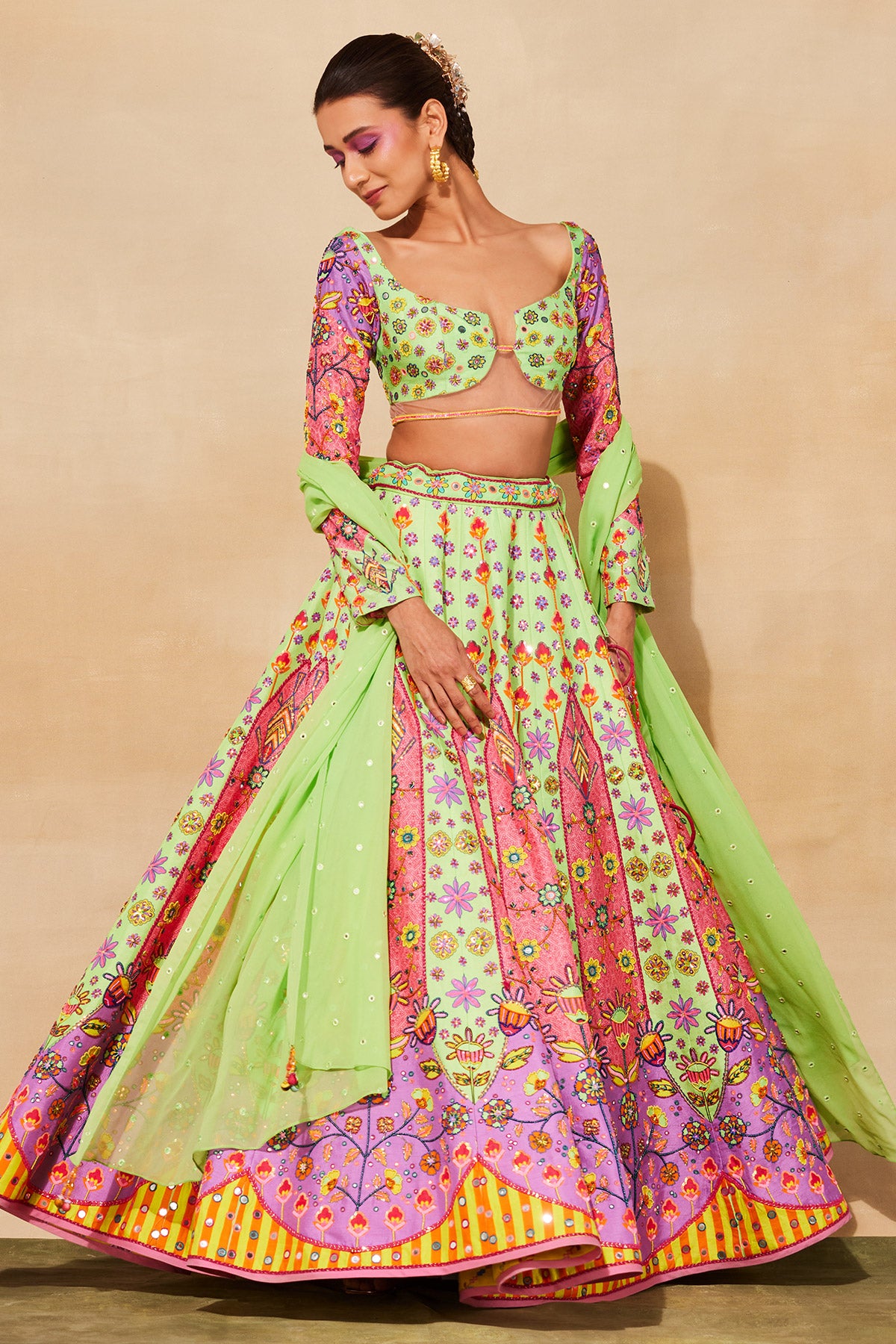 MINT GREEN PRINT & EMBROIDERED LEHENGA SET