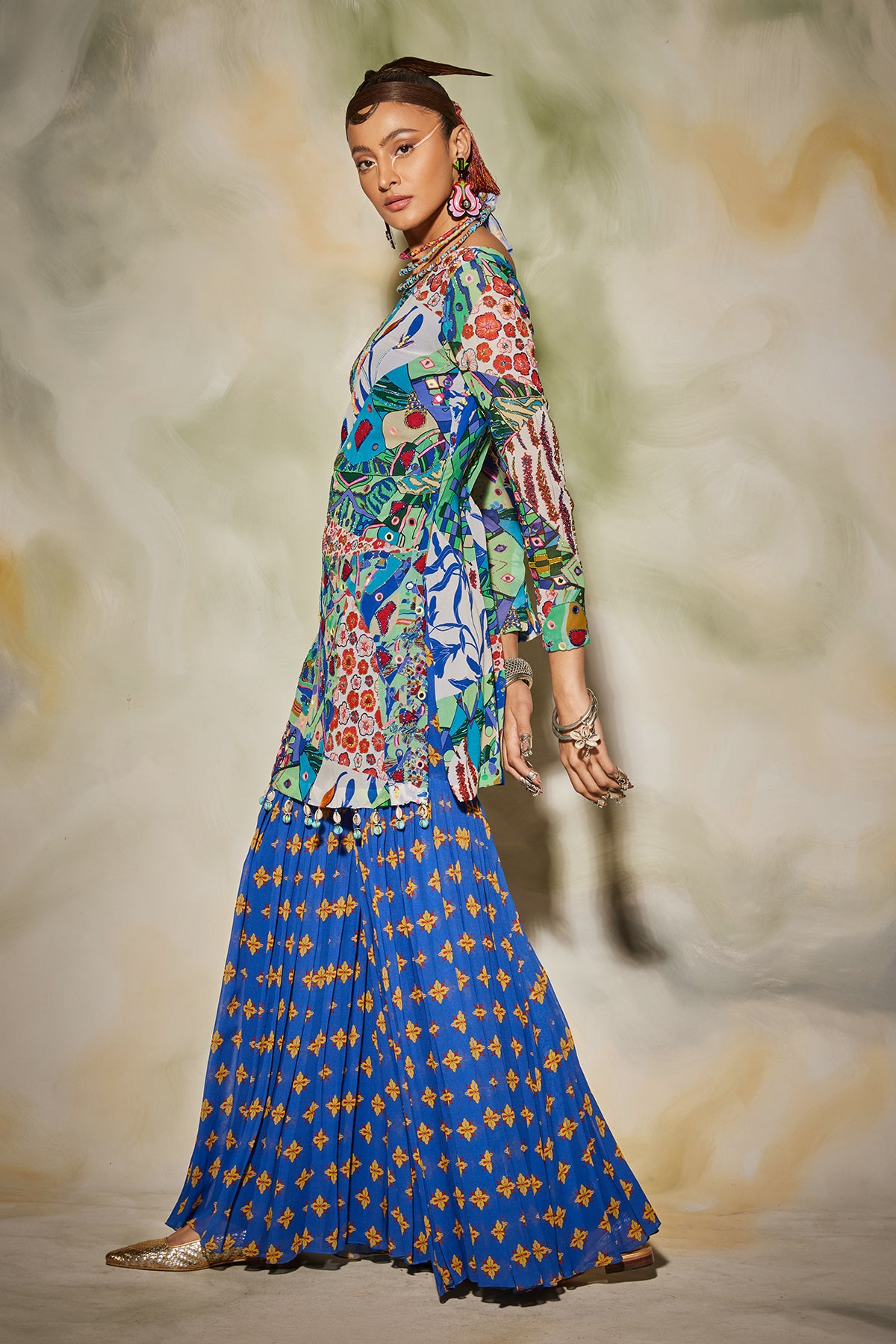 White & Blue Aztec Print highlighted Kurti Gharara Set With Drop Potali Bag