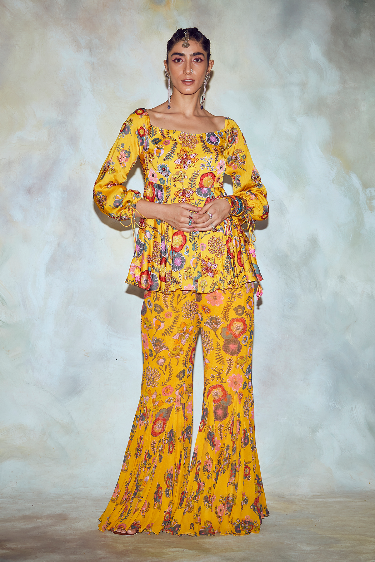 Yellow Jaal Print Peplum Pant