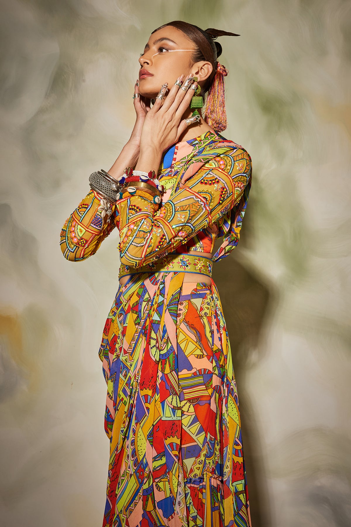 Neon Geometric Printed Gharara Saree Set With Belt & Drop Potali Bag