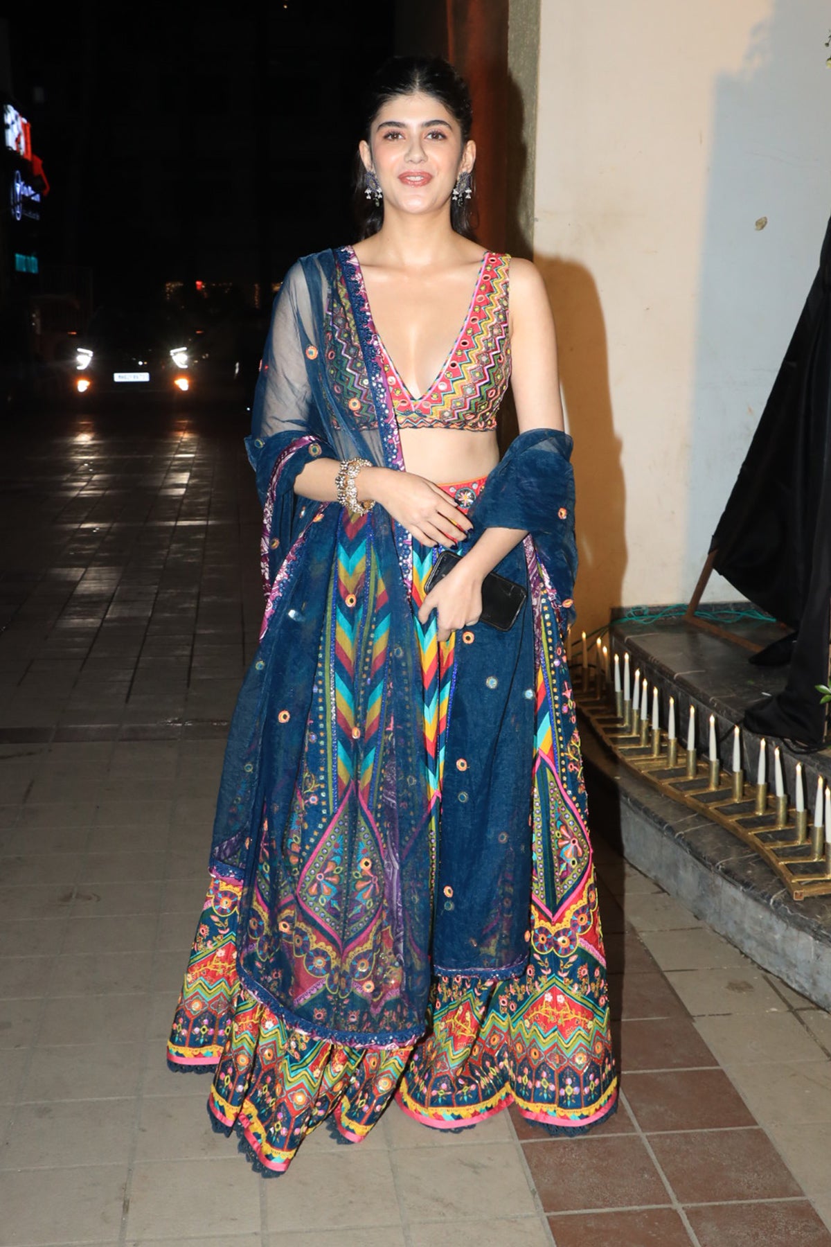 Sanjana Sanghi in Teal Blue Chevron Print & Highlighted Blouse Lehenga And Organza Embroidered Dupatta