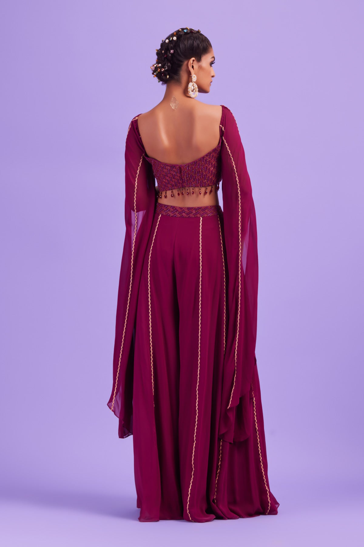 Purple Embroidered Blouse With Flare Cord Sleeves And Sharara Pants