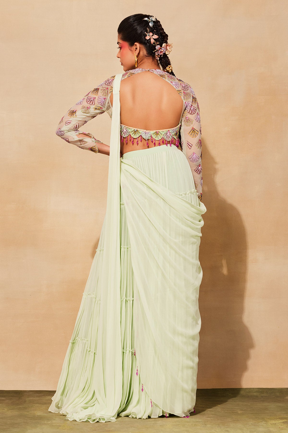 MINT GREEN SCALLOP EMBROIDERED  SAREE SET