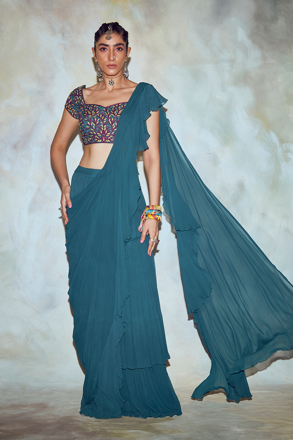 Teal Blue Leaf Embroidered Saree Set