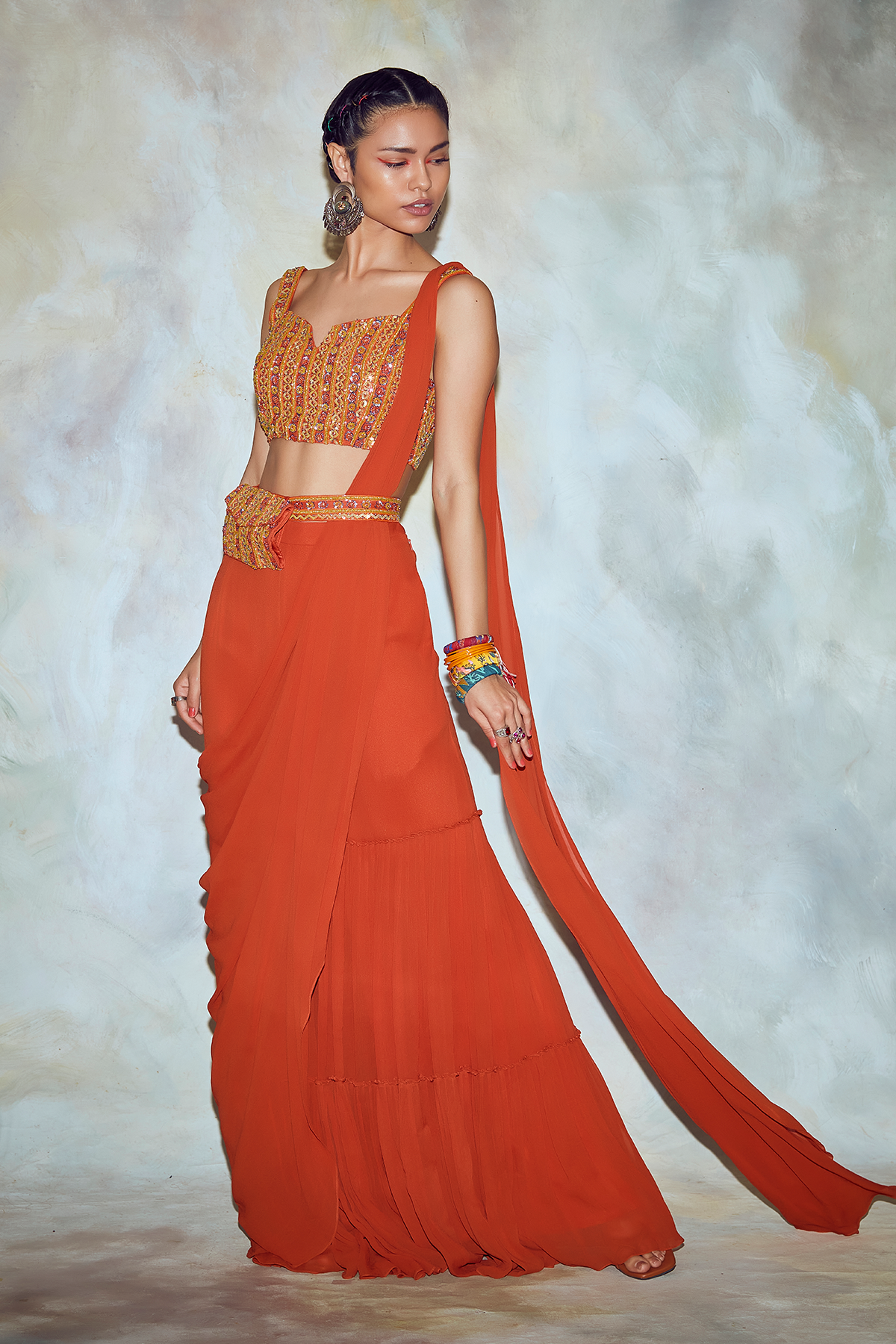 Rust Mix Embroidered Saree Set