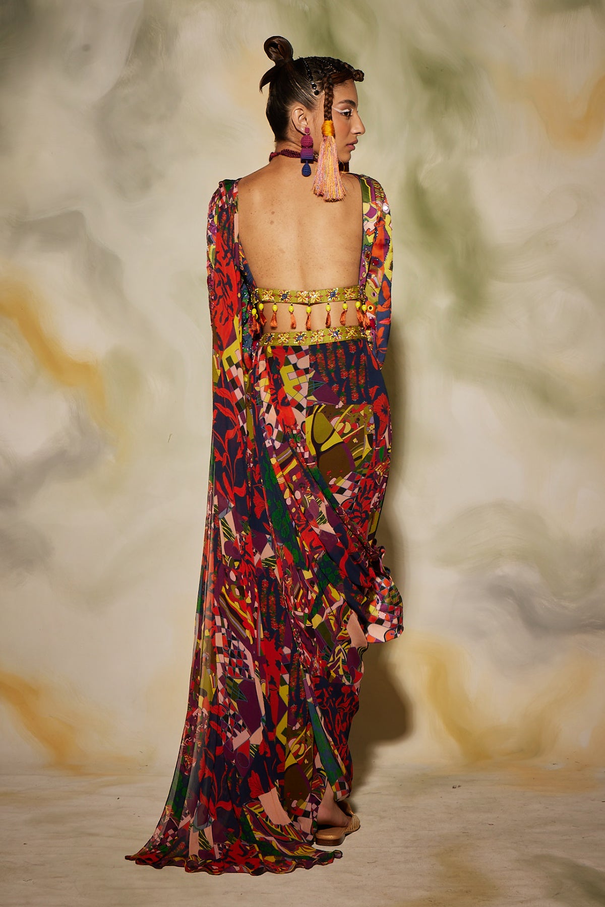 Purple Aztec Print Side Slit Open Sharara Saree Set & Potali Bag