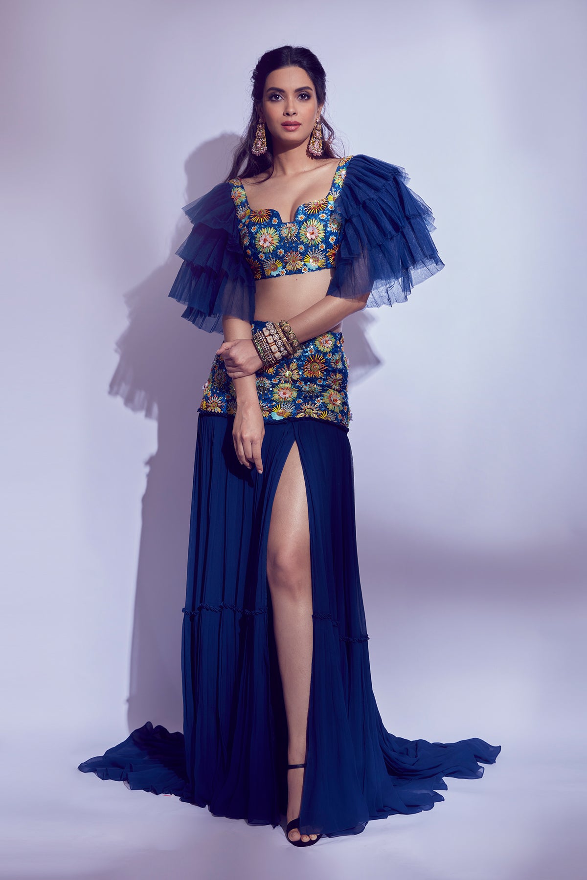 Diana Penty In Tiered Sleeves 3D Embroidered Blouse with Bask Embroidered Lehenga
