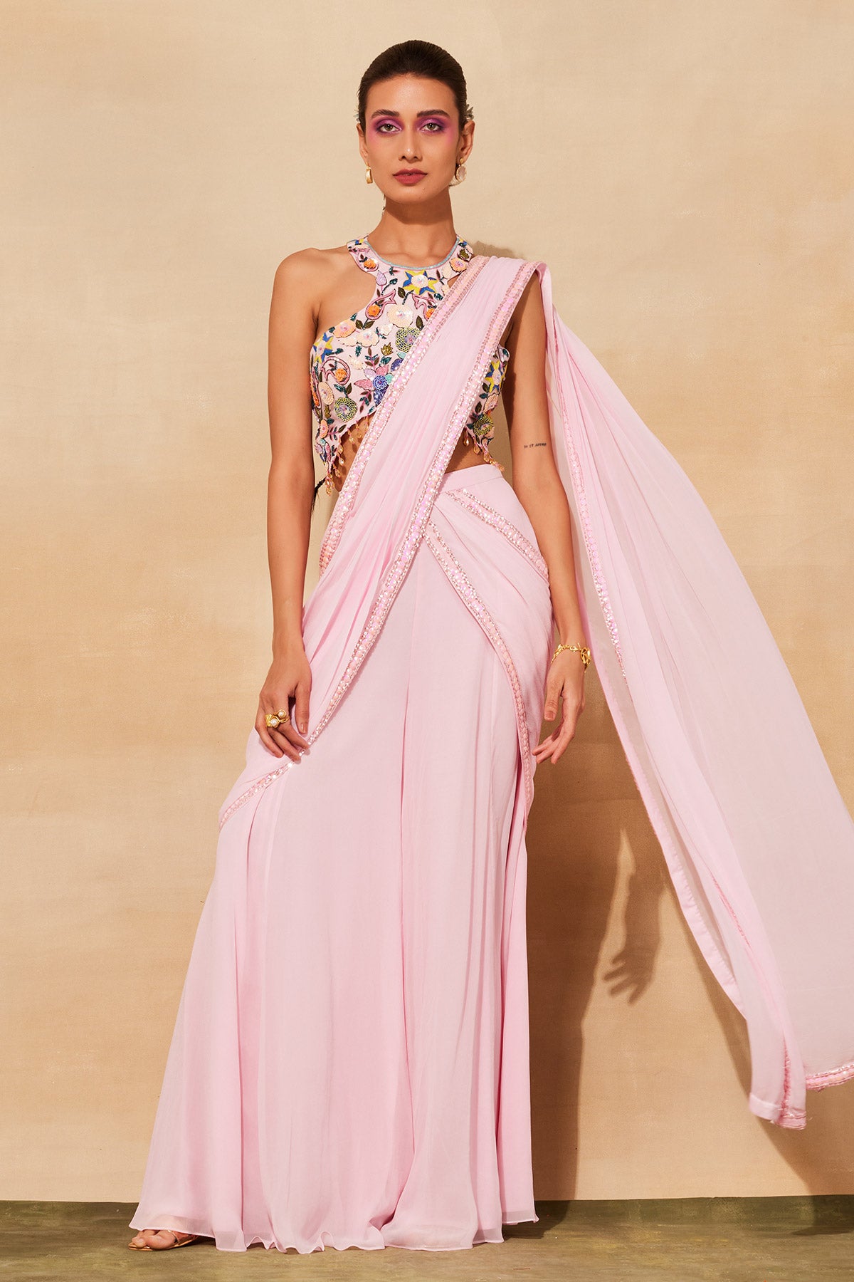 BLUSH PINK FLORAL EMBROIDERED SAREE SET