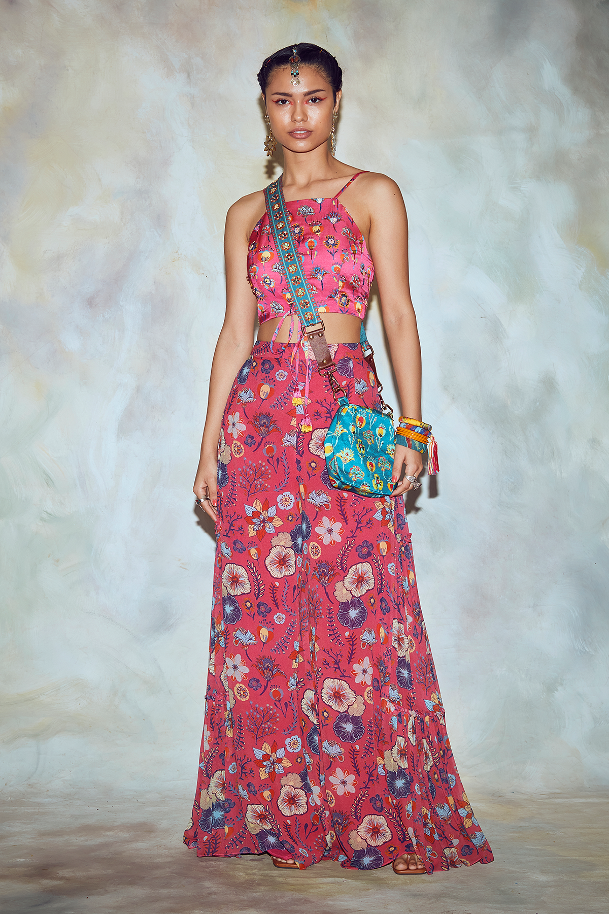 Fuchsia Pink Floral Godet Pant Set