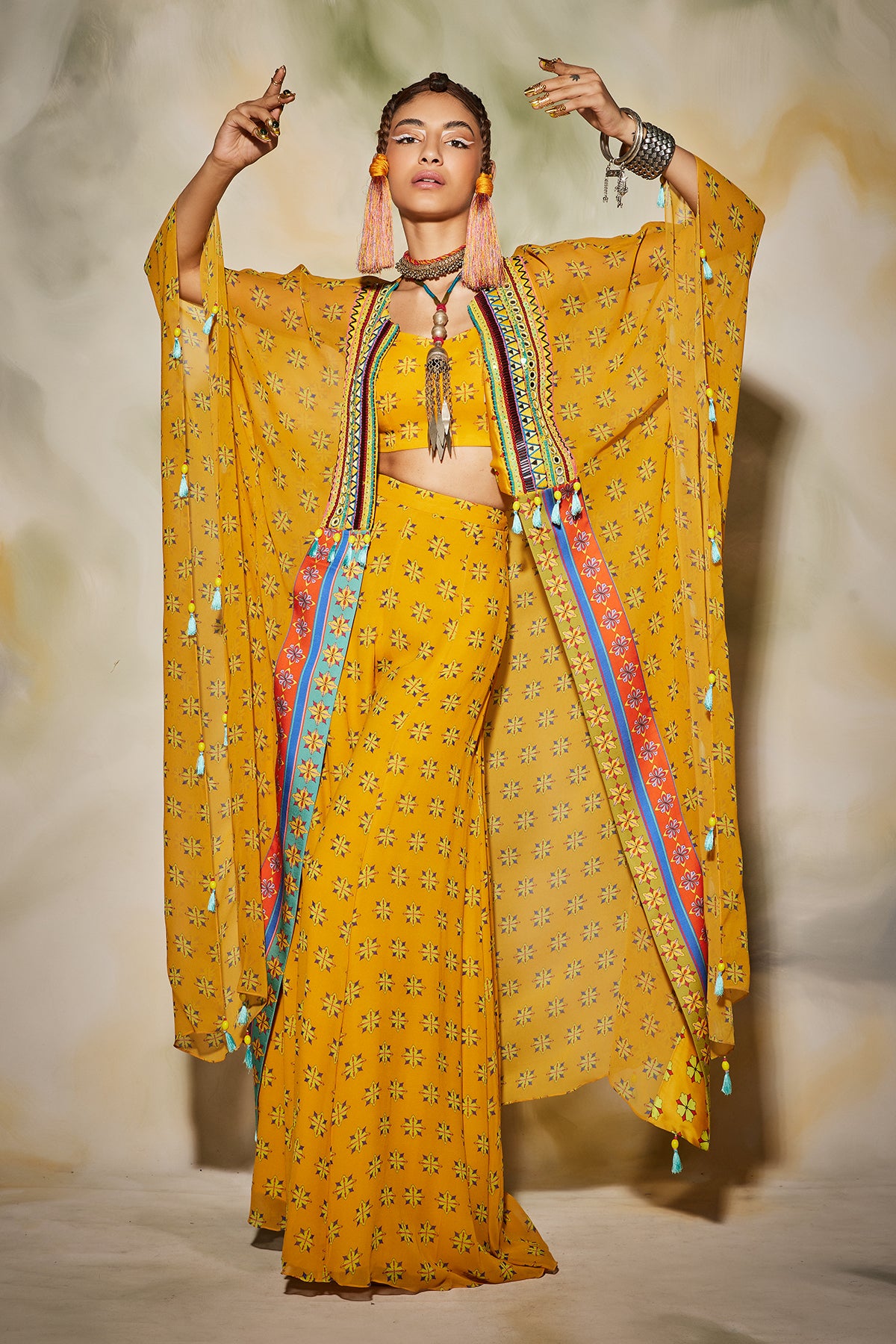 Yellow Butta Print With Trible Embroidered Yoke Kaftan Set