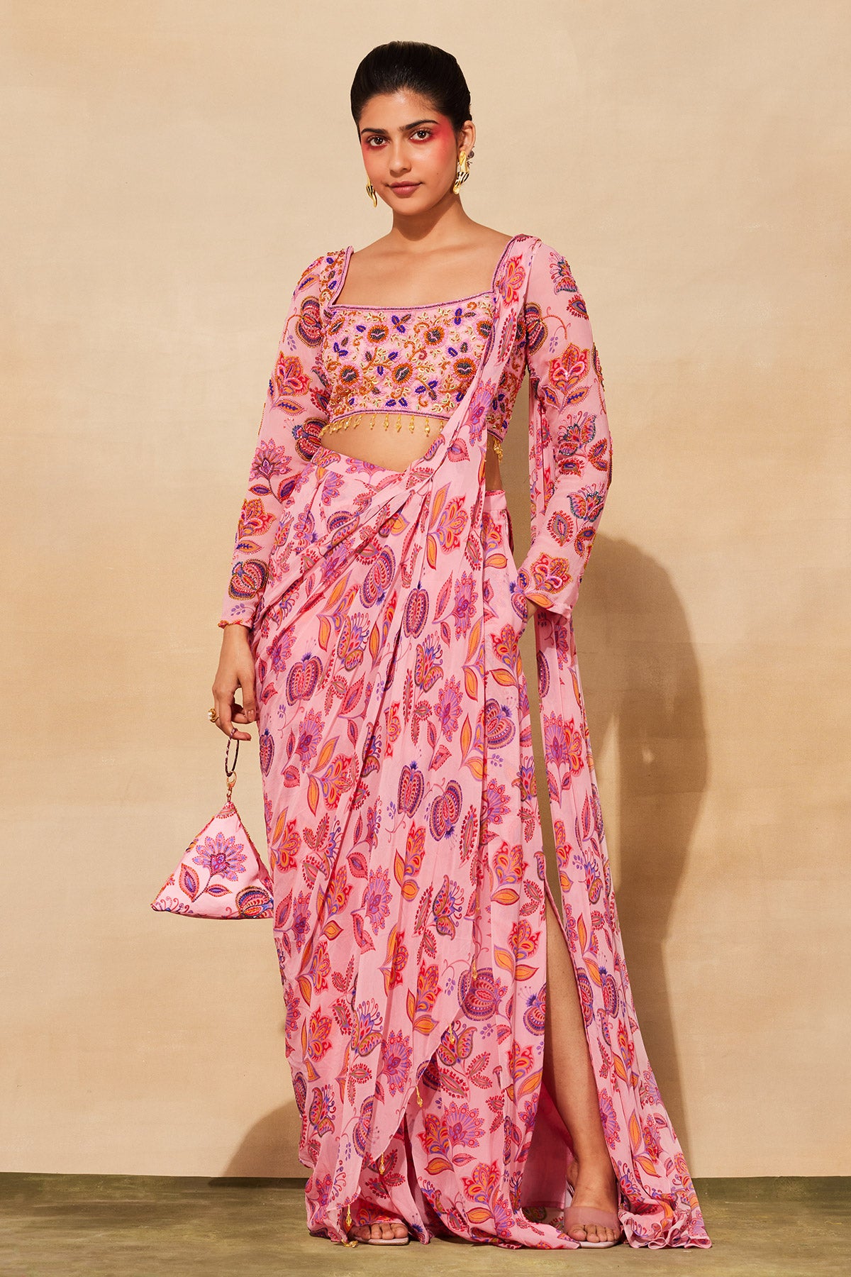 BLUSH PINK PRINT & EMBROIDERED SAREE SET