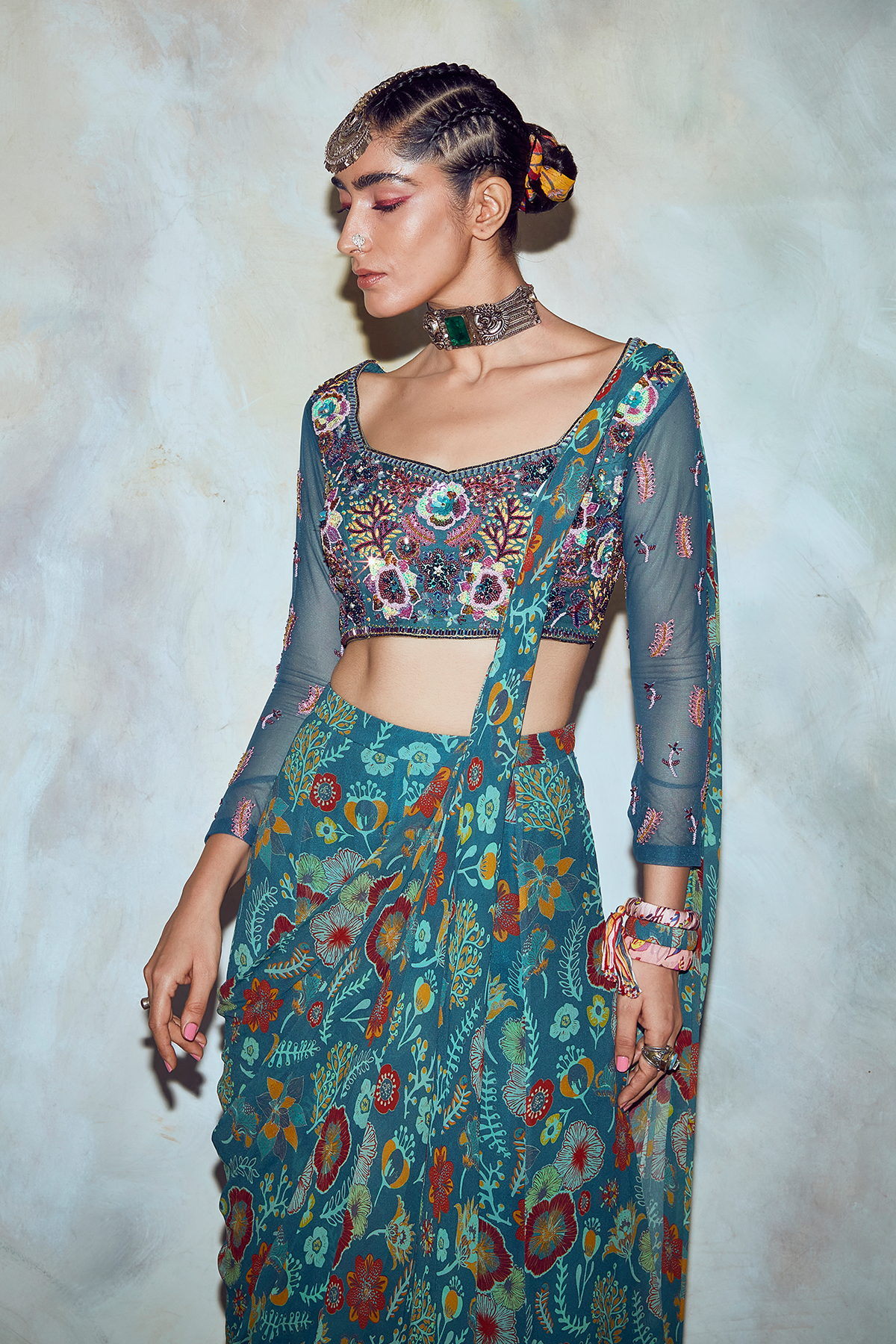 Teal Blue Mix Embroidered Saree Set