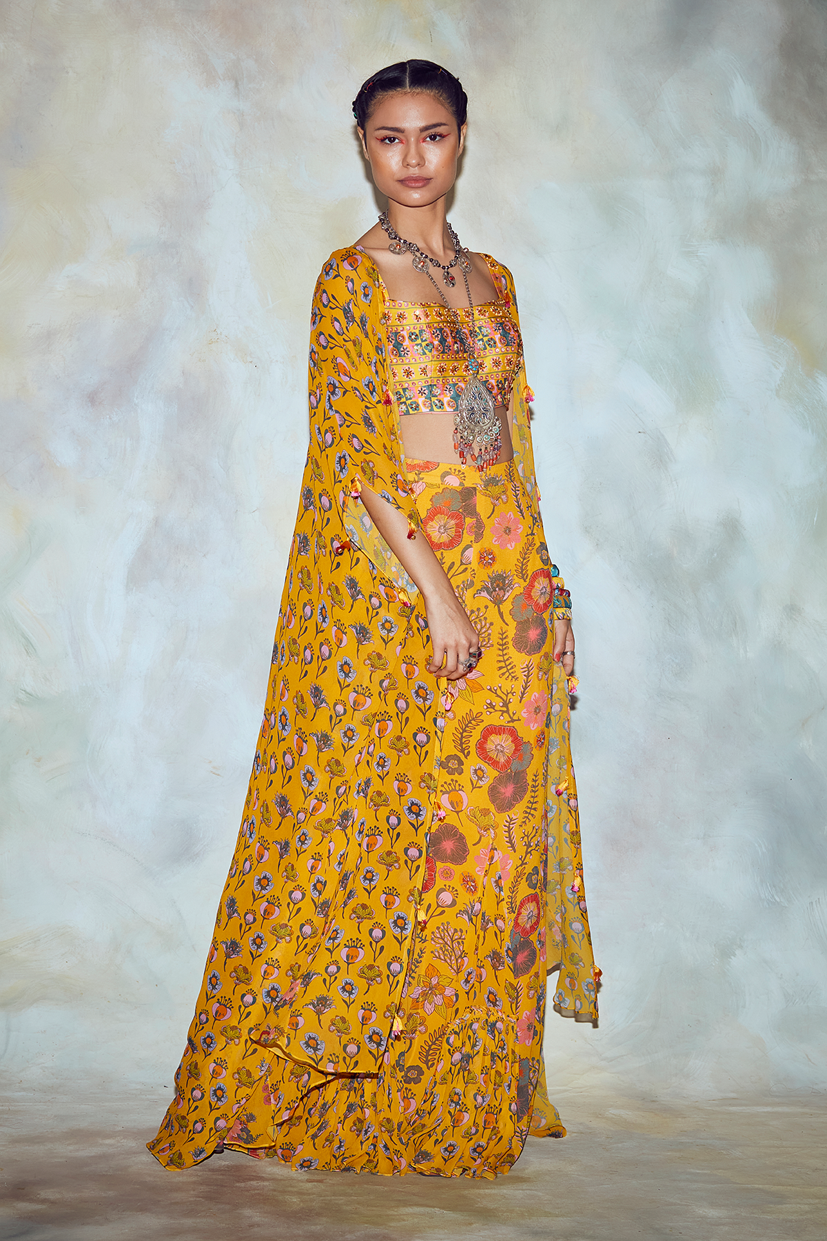 Yellow Border Print Cape Set